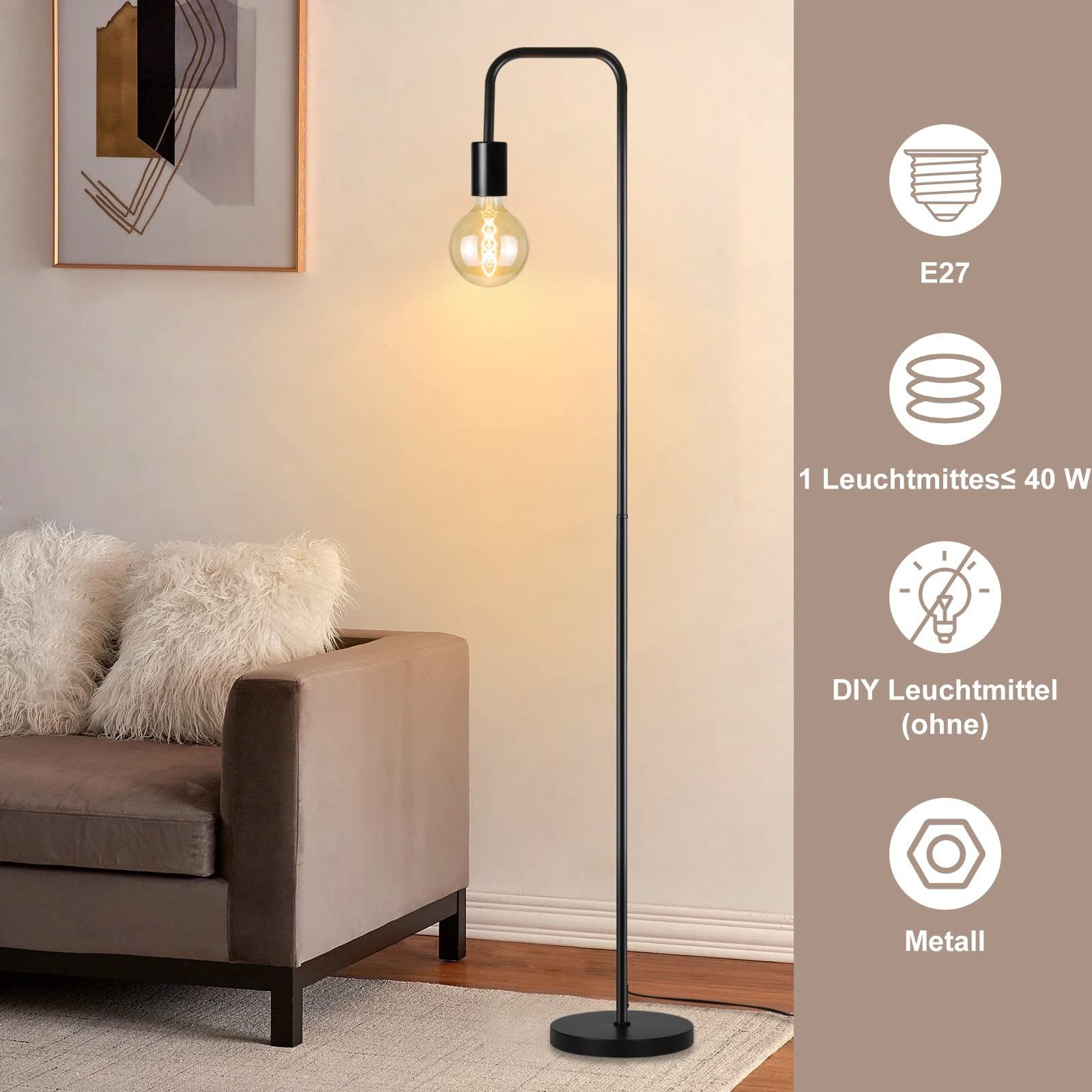 ZMH Stehlampe Vintage Schwarz mit Fußschalter Industrial Design aus Metall, ohne Leuchtmittel