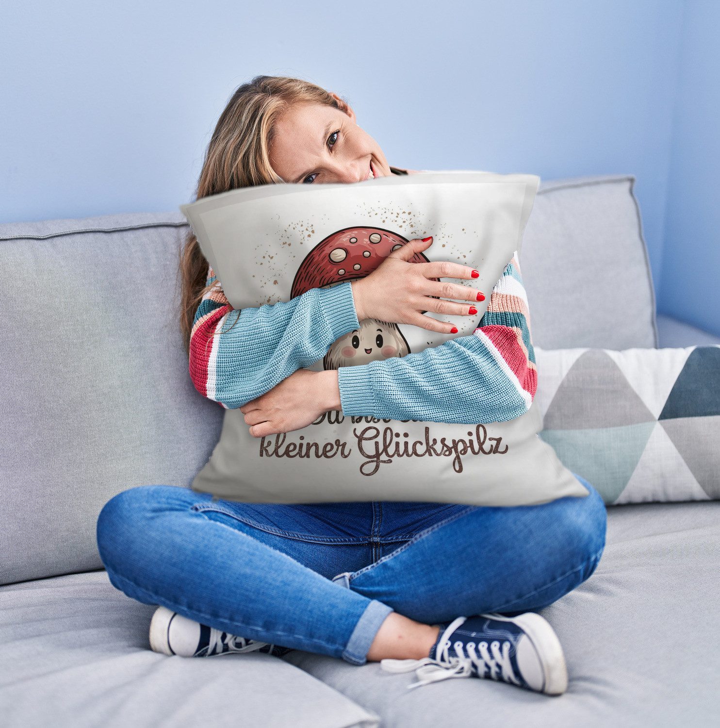 speecheese Dekokissen Pilz mit Gesicht - Glückspilz Kuschelkissen