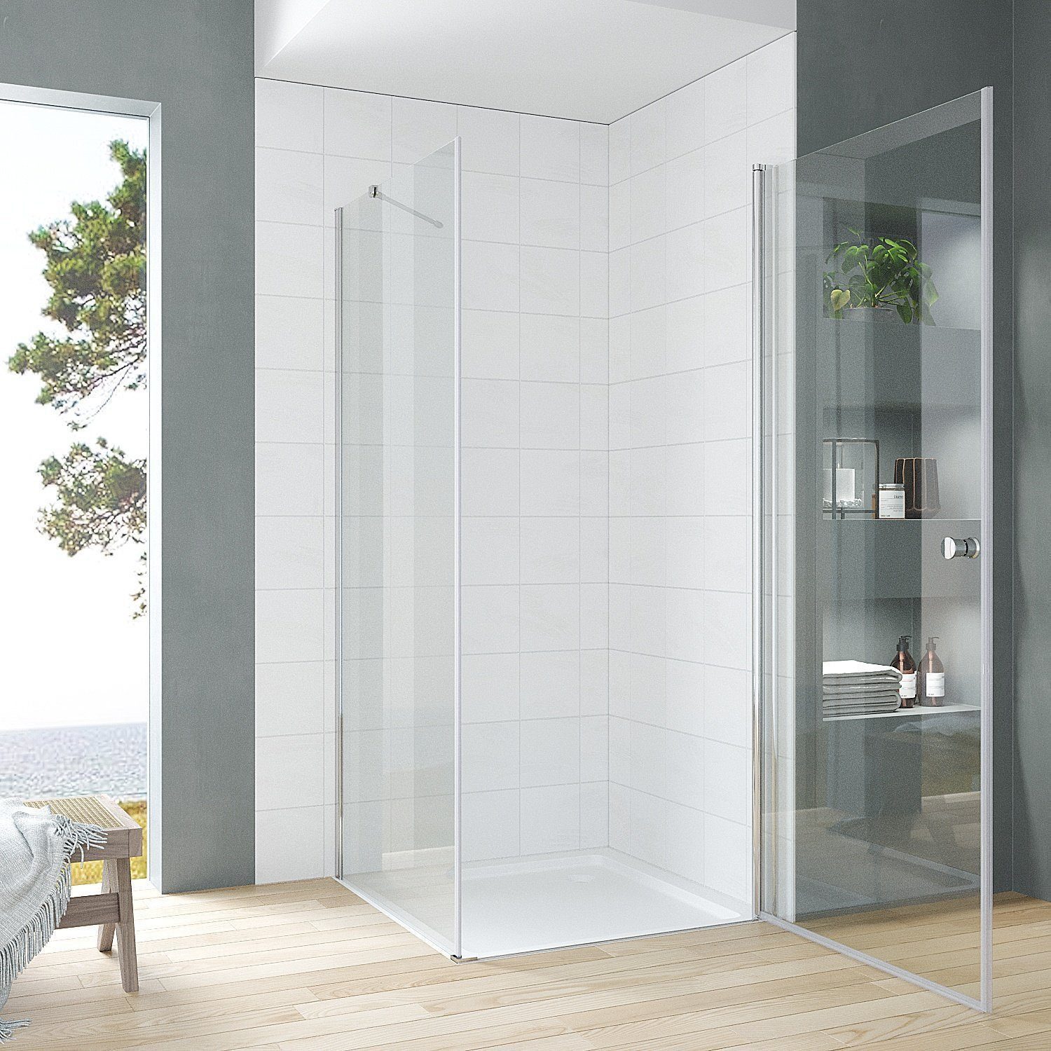 AQUABATOS Eckdusche Eckeinstieg Dusche Duschkabine für Duschwanne mit Drehtür, BxT: 85x80 cm, Einscheibensicherheitsglas, Pendeltür Duschabtrennung Schwingtür Duschwand Duschtür mit Seitenwand Sicherheitsglas, variabler Verstellbereich, barrierefrei einbaubar, mit Hebe-Senk-Mechanismus, links und recht montierbar, Spritzwasserschutz, Höhe: 187 cm