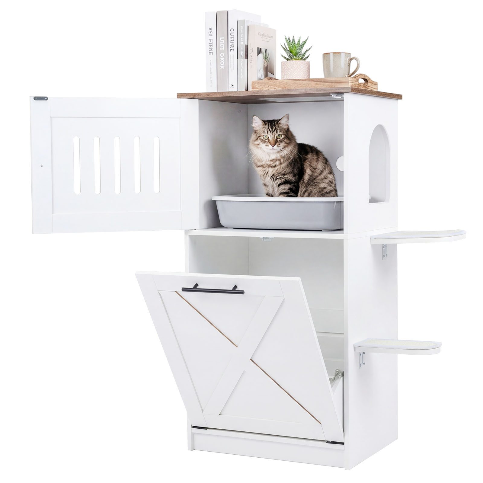 COSTWAY Tierhaus, Katzenklo Schrank, Katzenschrank, Beistelltisch, Holz