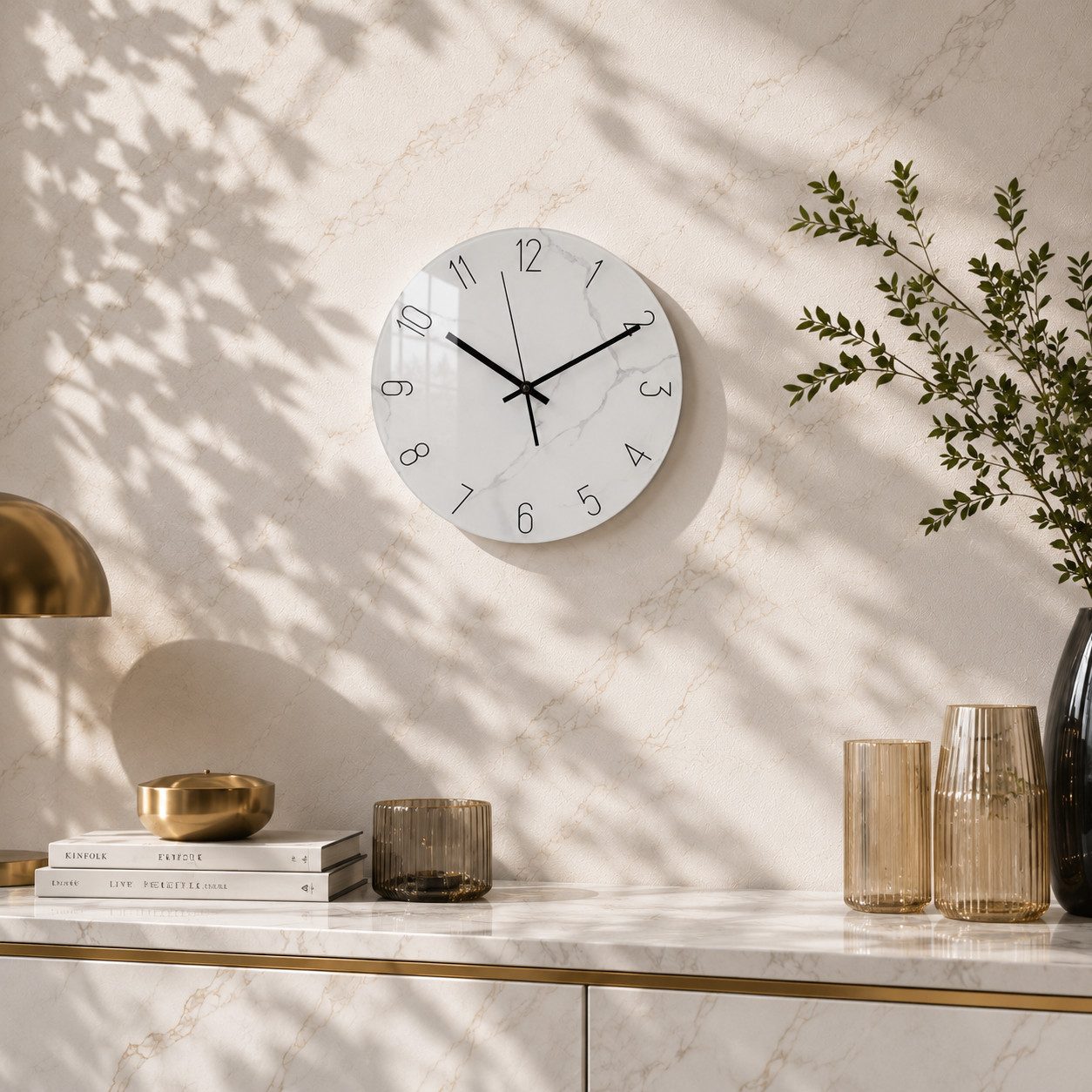 K&L Wall Art Wanduhr Steinoptik Glasuhr Analoge Wanduhr aus Glas Uhr Marmor Küchenuhr (leises Quarz Uhrwerk ohne Ticken)