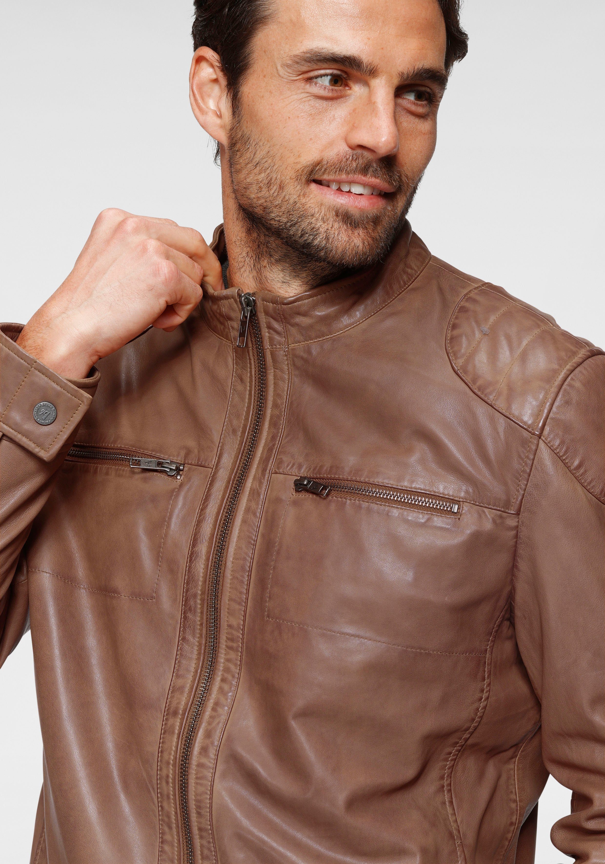 Bruno Banani Lederjacke Flint aus Lammnappaleder, taillierter Schnitt, Bikerkragen, Used-Optik