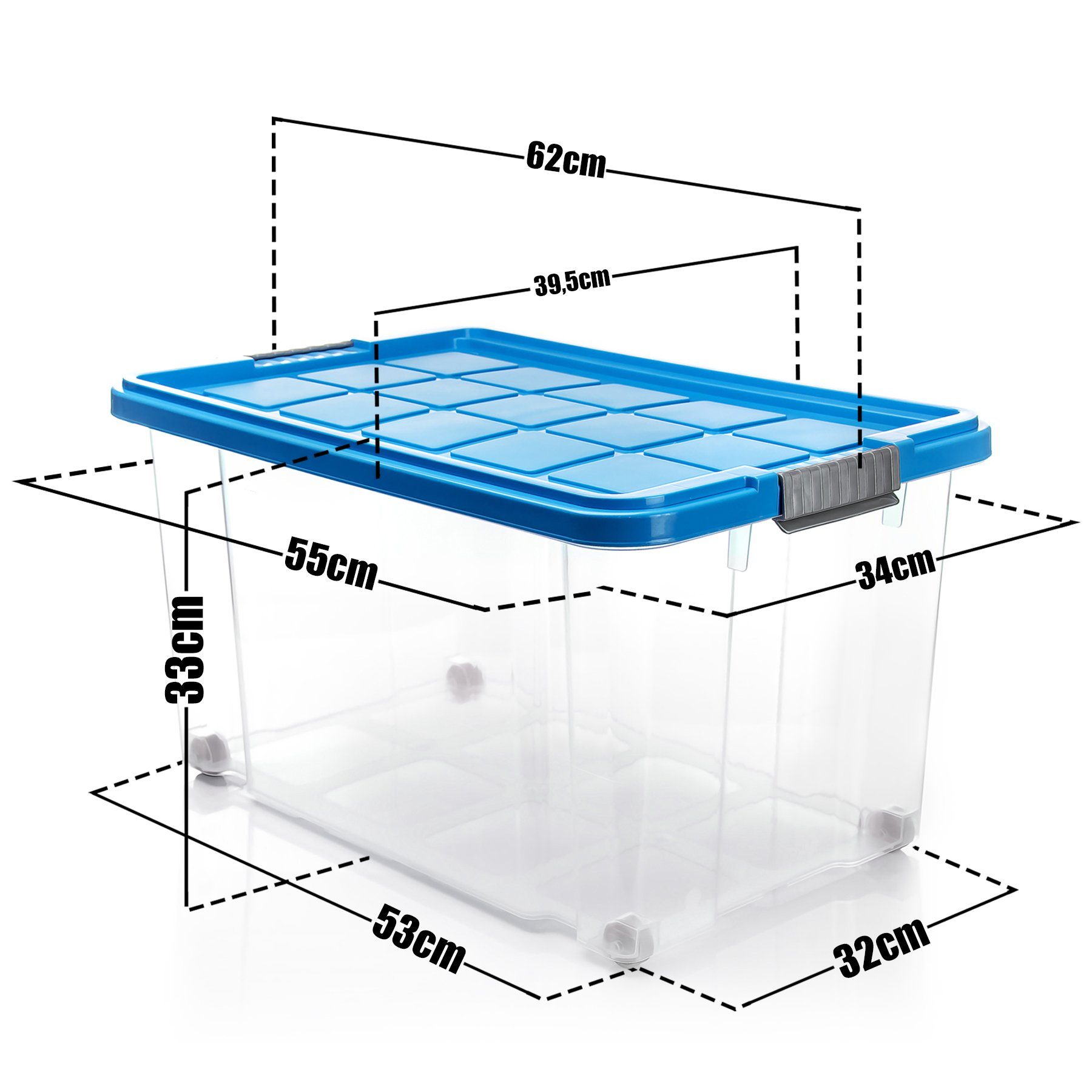 BigDean Aufbewahrungsbox 60 L mit Deckel groß – robuste Stapelbox rollbar mit Klickverschlüssen (Set, 2 St., Aufbewahrungsbox + Deckel + Rollen), Sicher Stapelbar, Platzsparend, Transparent, Rollen, Klickverschlüsse