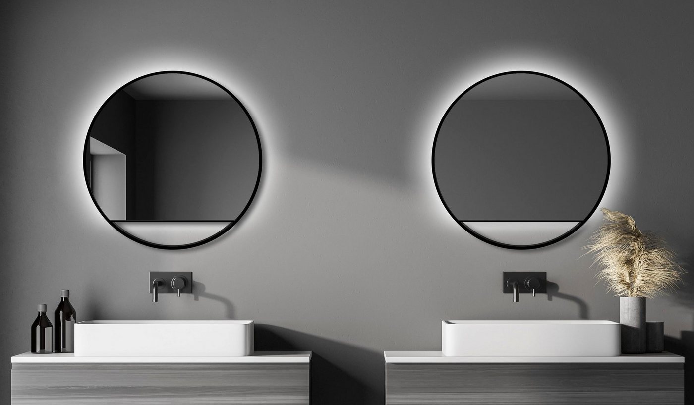 Talos Dekospiegel, rund, mit indirekter LED Beleuchtung in schwarz matt Ø 80 cm-HomeTrends