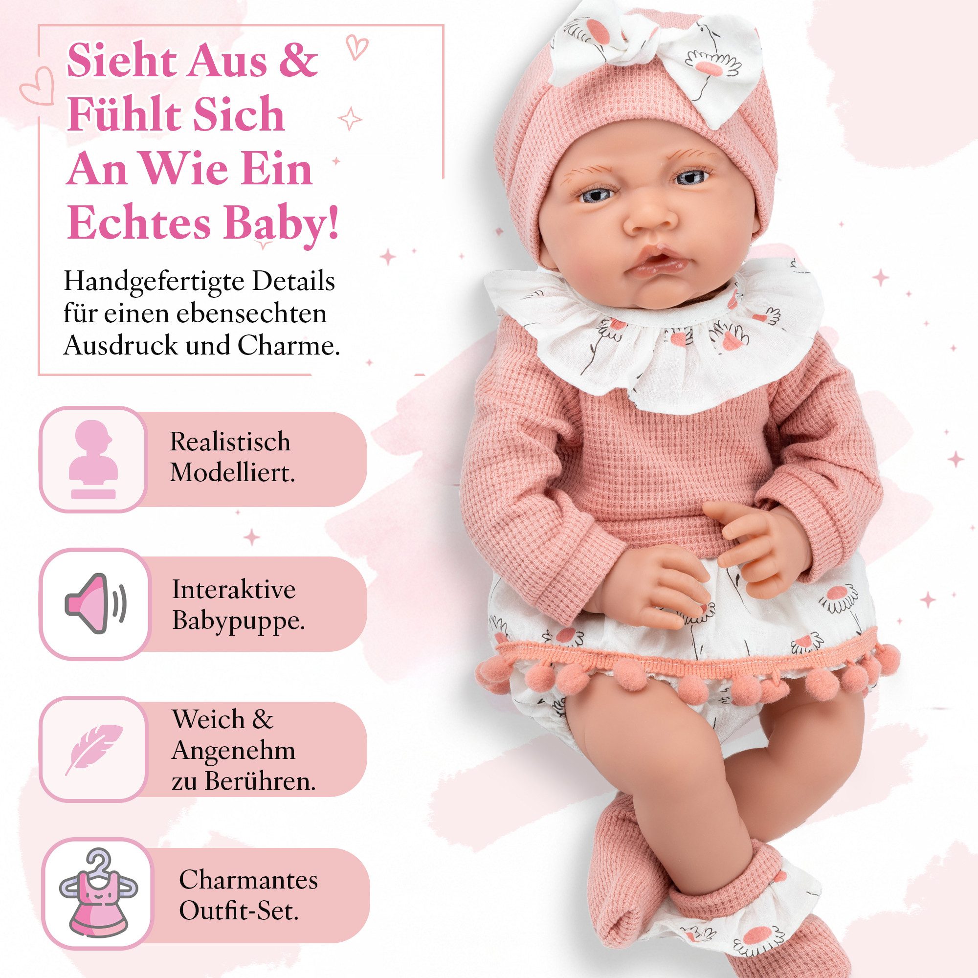 Kinderplay Dolls & Strollers Babypuppe Interaktive Babypuppe 41 cm – spricht & mit Schnuller – realistischer (Set)