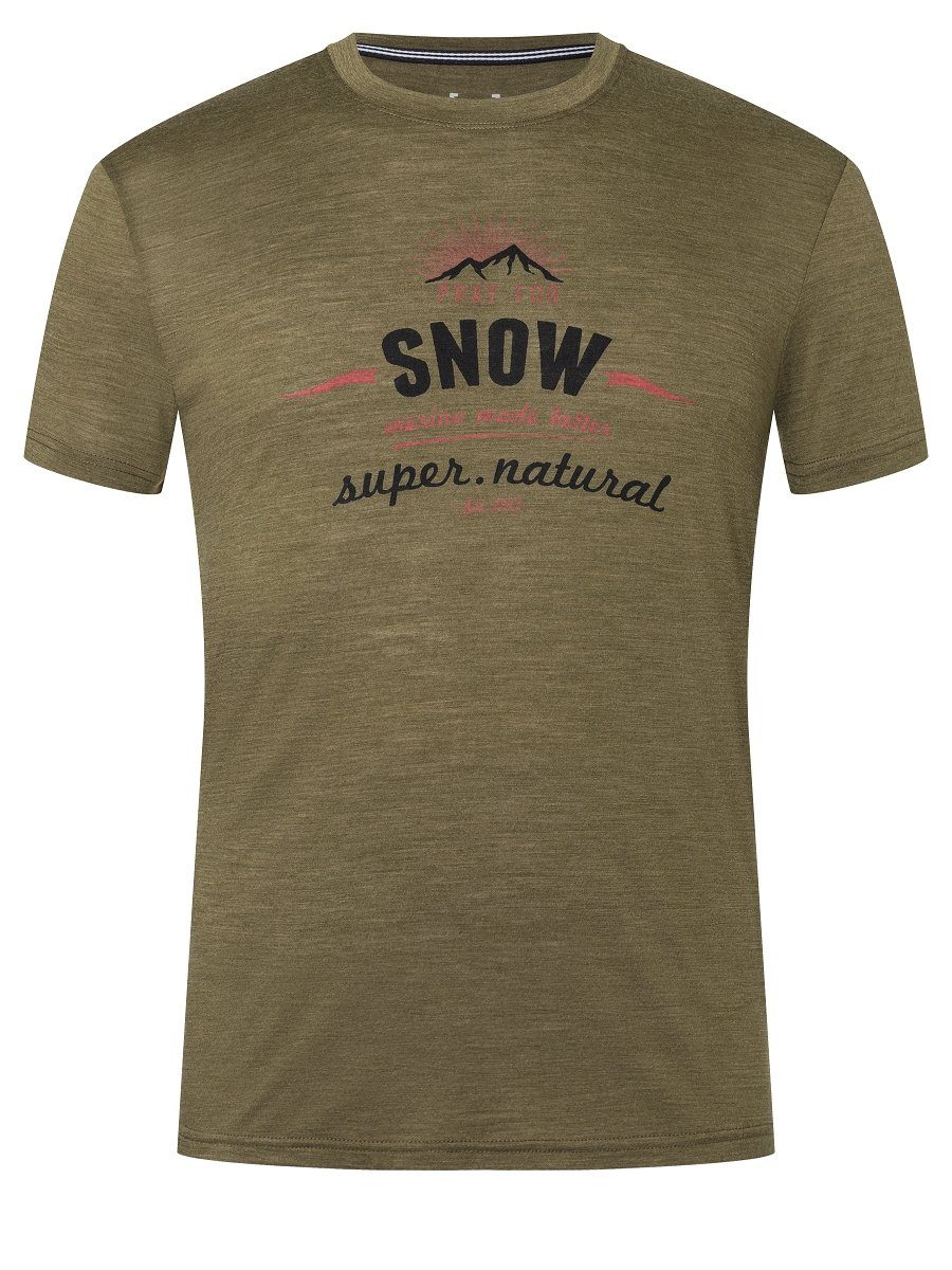 SUPER.NATURAL Print-Shirt Merino Red funktioneller Olive FOR Black/Aurora T-Shirt Melange/Jet M TEE Merino-Materialmix SNOW PRAY Night
