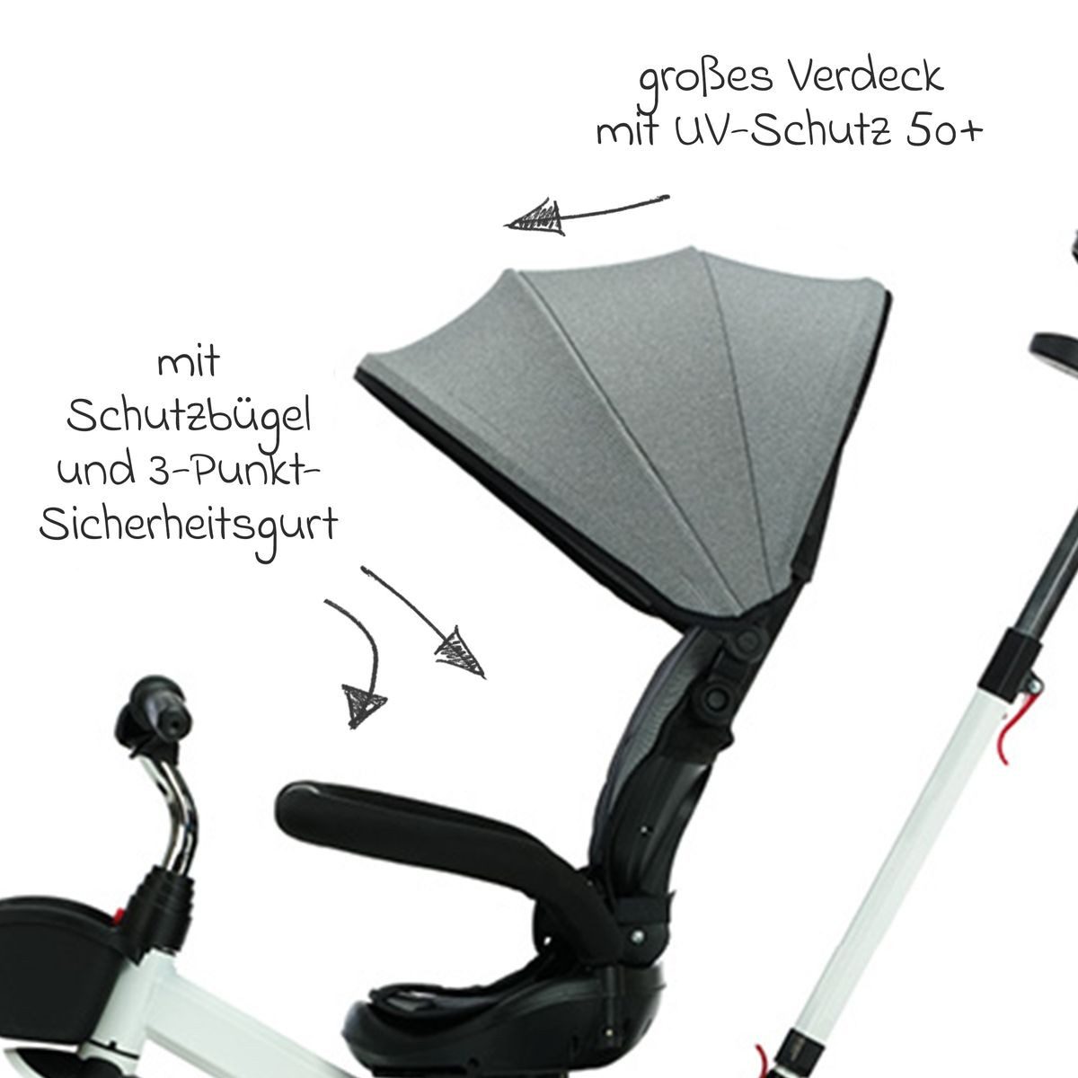 Fillikid Dreirad-Kinderwagen Niki 360 - Weiß Grau, Baby Kinderdreirad ab 12 Monaten bis 22 kg verstellbare Schiebestange