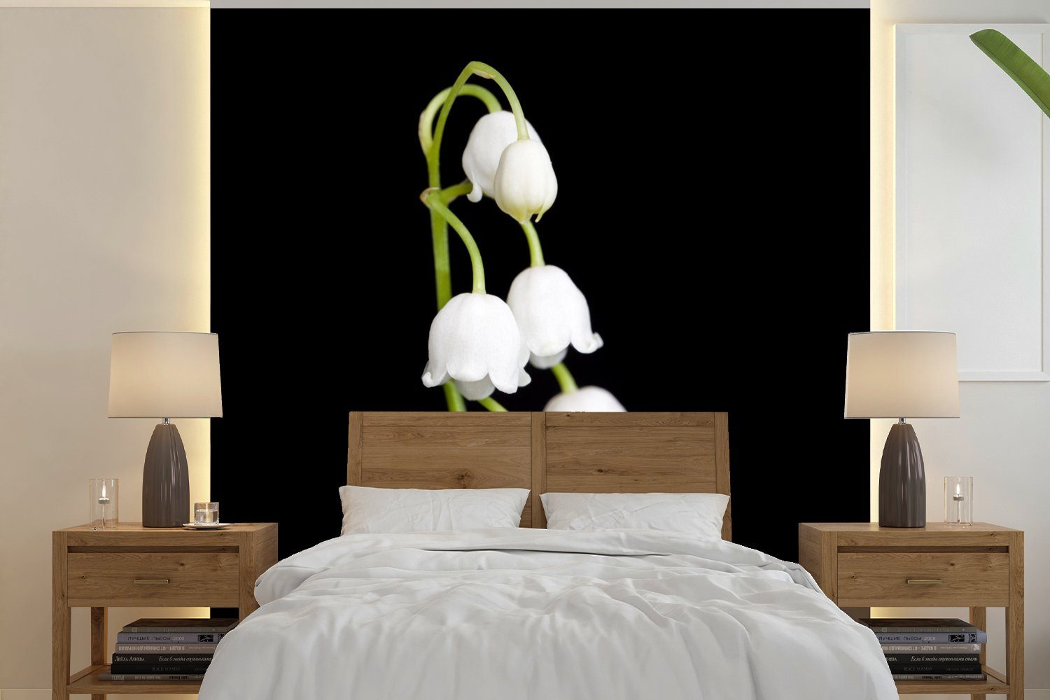 Maiglöckchen Vliestapete (4 Blumen Schwarz bedruckt, Fototapete - Küche, für - Wohnzimmer - Flora, Matt, St), Fototapete Schlafzimmer MuchoWow