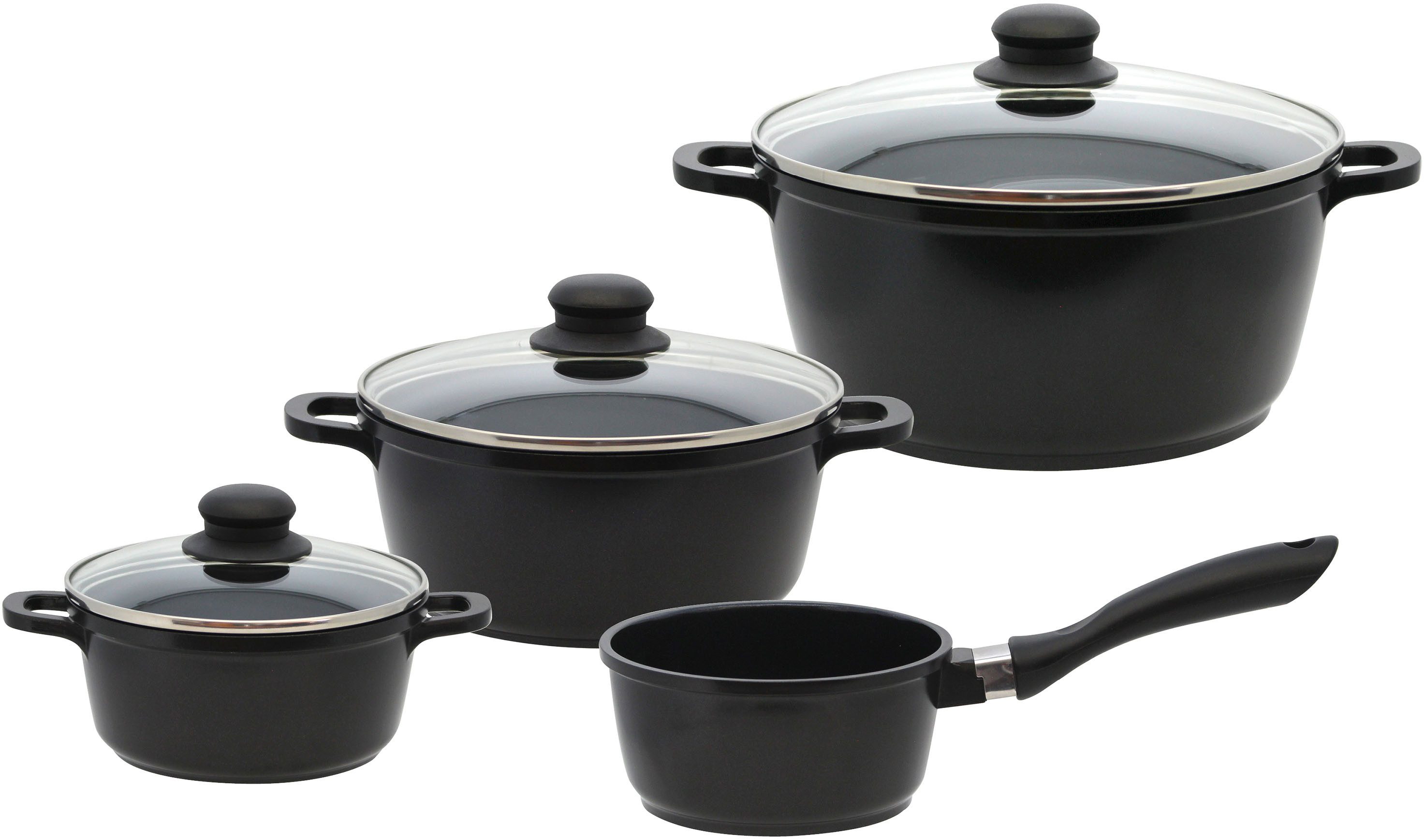 Elo Basic Topf-Set Black Cast, Aluminiumguss (Set, 7-tlg., 3 Töpfe mit Deckel, 1 Stielkasserolle), mit hochwertiger Antihaftversiegelung, Induktion