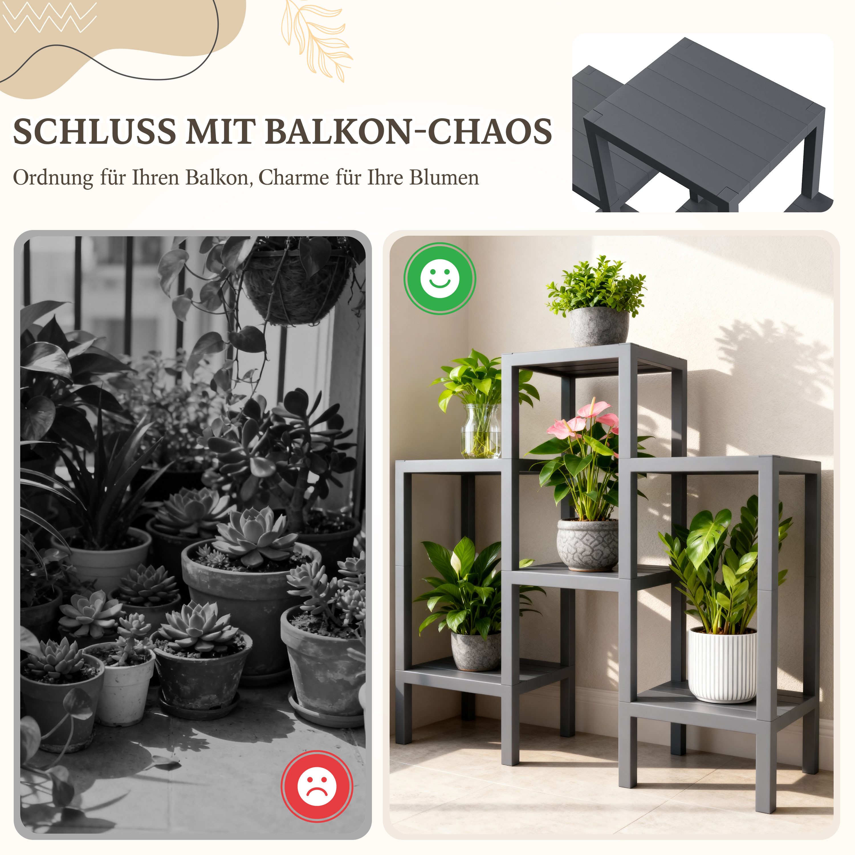 Ribelli Blumenständer 6-Etagen Pflanzenständer Kunststoff Mehrstöckig Blumenregal, DIY Pflanzentreppe Balkon, Deko Wohnzimmer, Garten, Terrasse und Büro