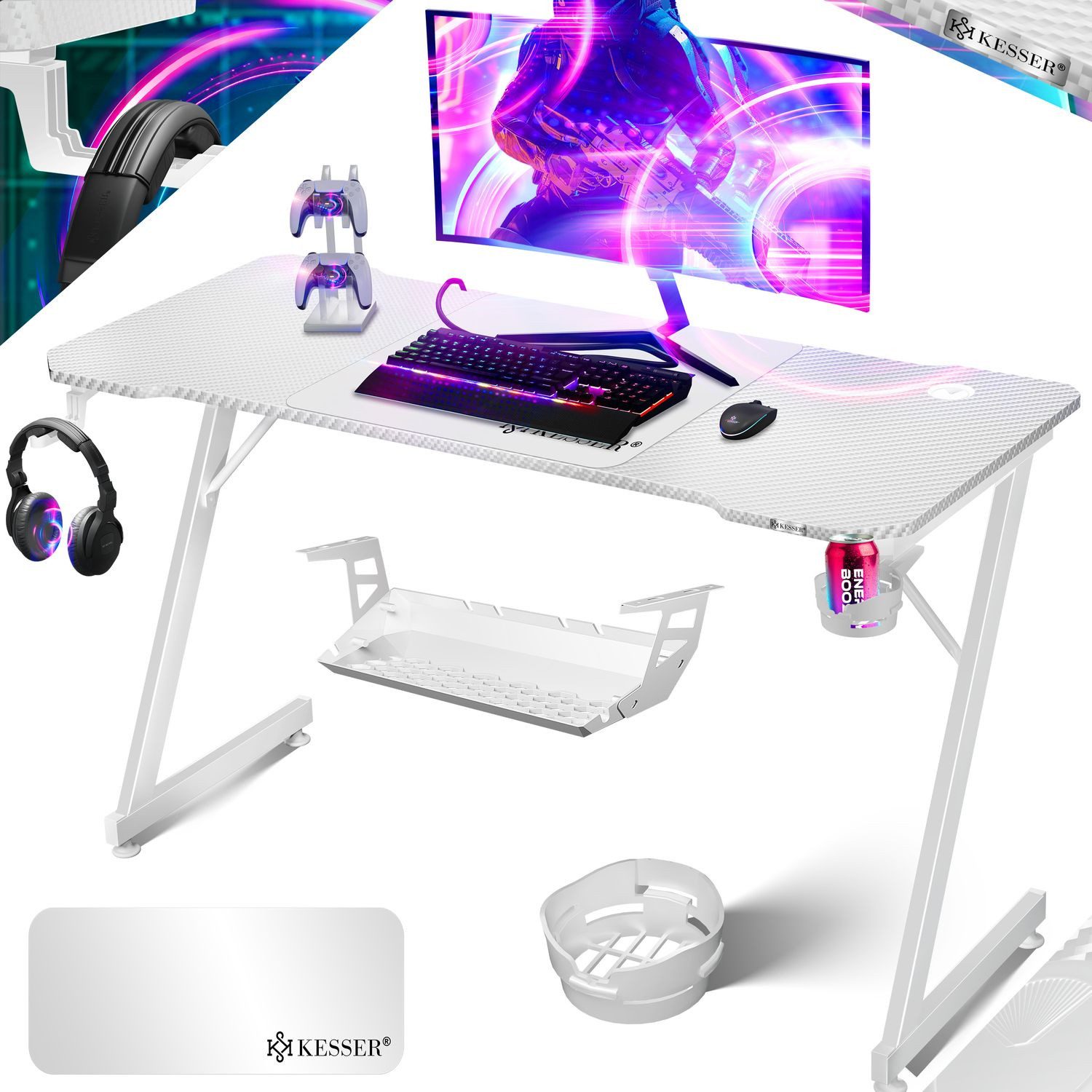 KESSER Gamingtisch, Gaming Schreibtisch mit Getränkehalter Ergonomischer Gamer Tisch