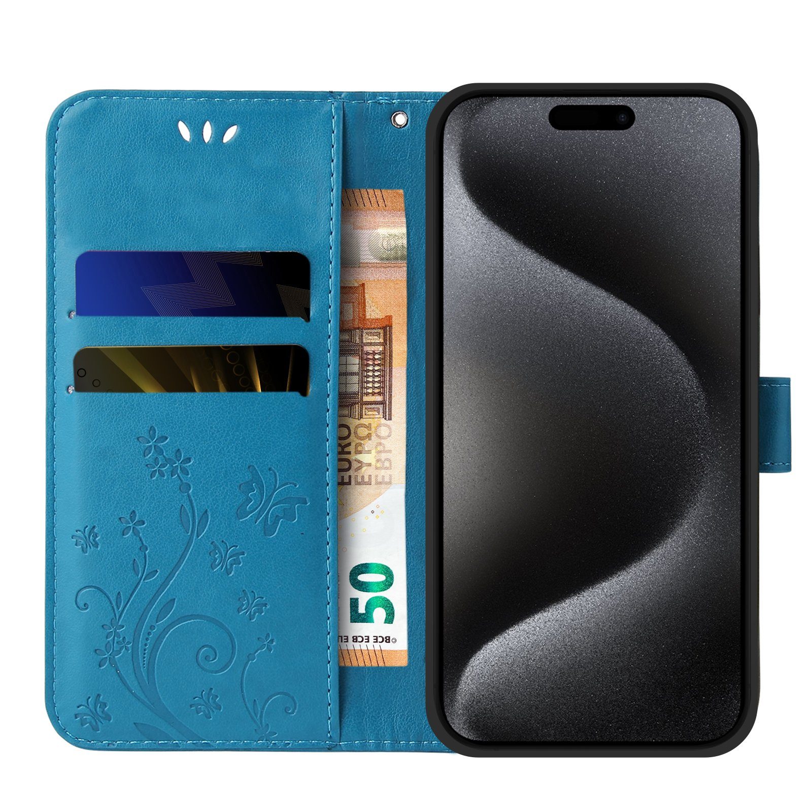 Tec-Expert Handyhülle Cover Tasche Hülle für Apple iPhone 15 Pro Max 6,7 Zoll, Klapphülle Case mit Kartenfach Fliphülle aufstellbar, Motiv Blumen