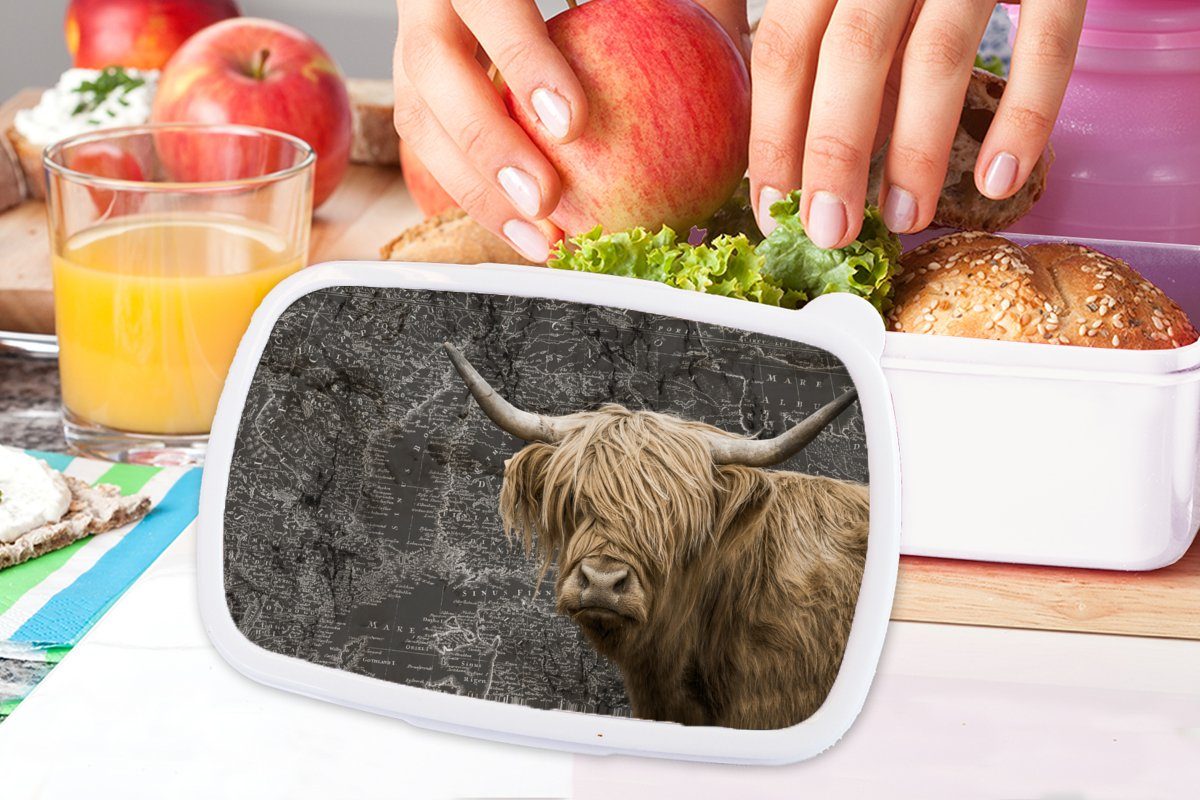 MuchoWow Lunchbox Schottische Highlander - Brotdose, und Kunststoff, - (2-tlg), Jungs Brotbox für Kinder Mädchen Kuh, für Erwachsene, weiß Weltkarte und