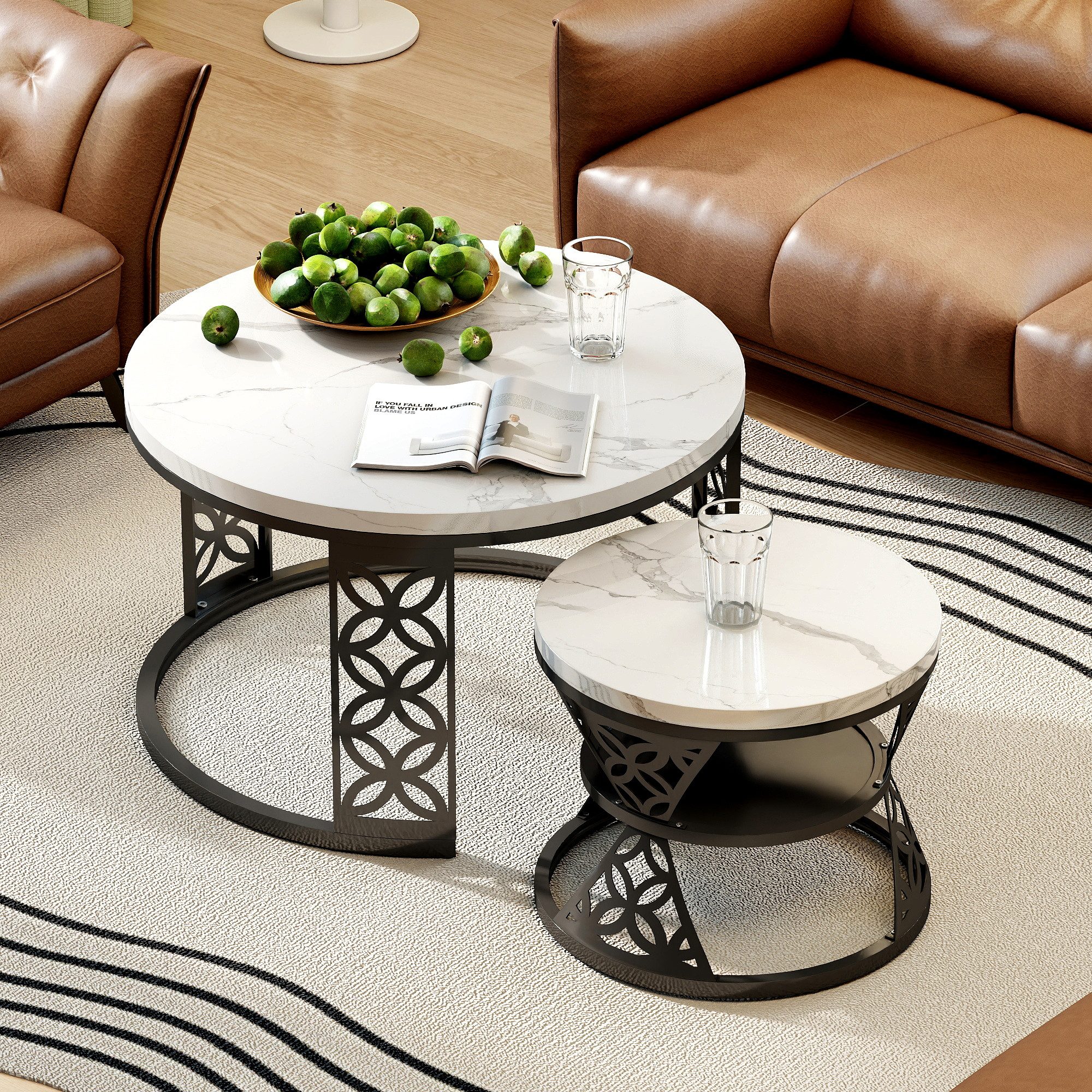 HAUSS SPOLE Couchtisch 2-teiliges Beistelltisch-Set aus MDF und stabilem Metallrahmen (Satztisch Wohnzimmertisch, für verschiedene Wohnstile), Ausgehöhltes Design