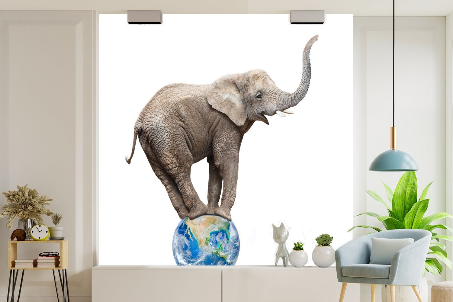 bedruckt, - oder Schlafzimmer, - (5 Globus Elefant Wohnzimmer Matt, MuchoWow Fototapete Tapete St), Weiß, Wandtapete Vinyl für