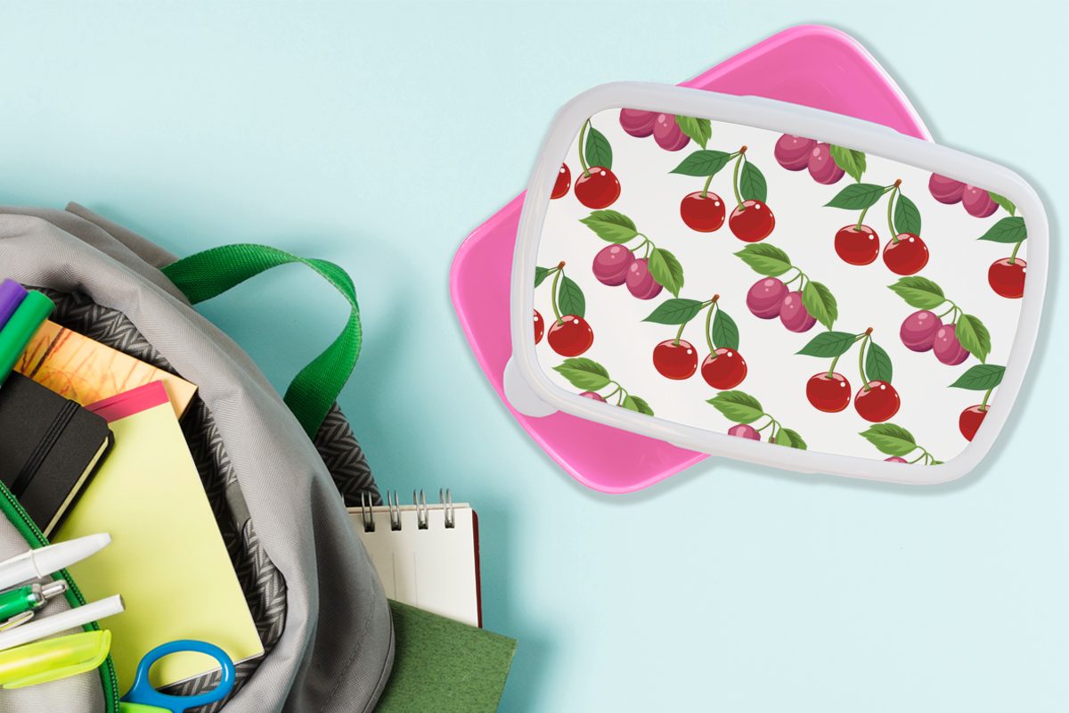 MuchoWow Lunchbox Kirschen - Muster für Snackbox, (2-tlg), Mädchen, Kunststoff, Kinder, Obst, rosa Brotbox Brotdose Erwachsene, Kunststoff 