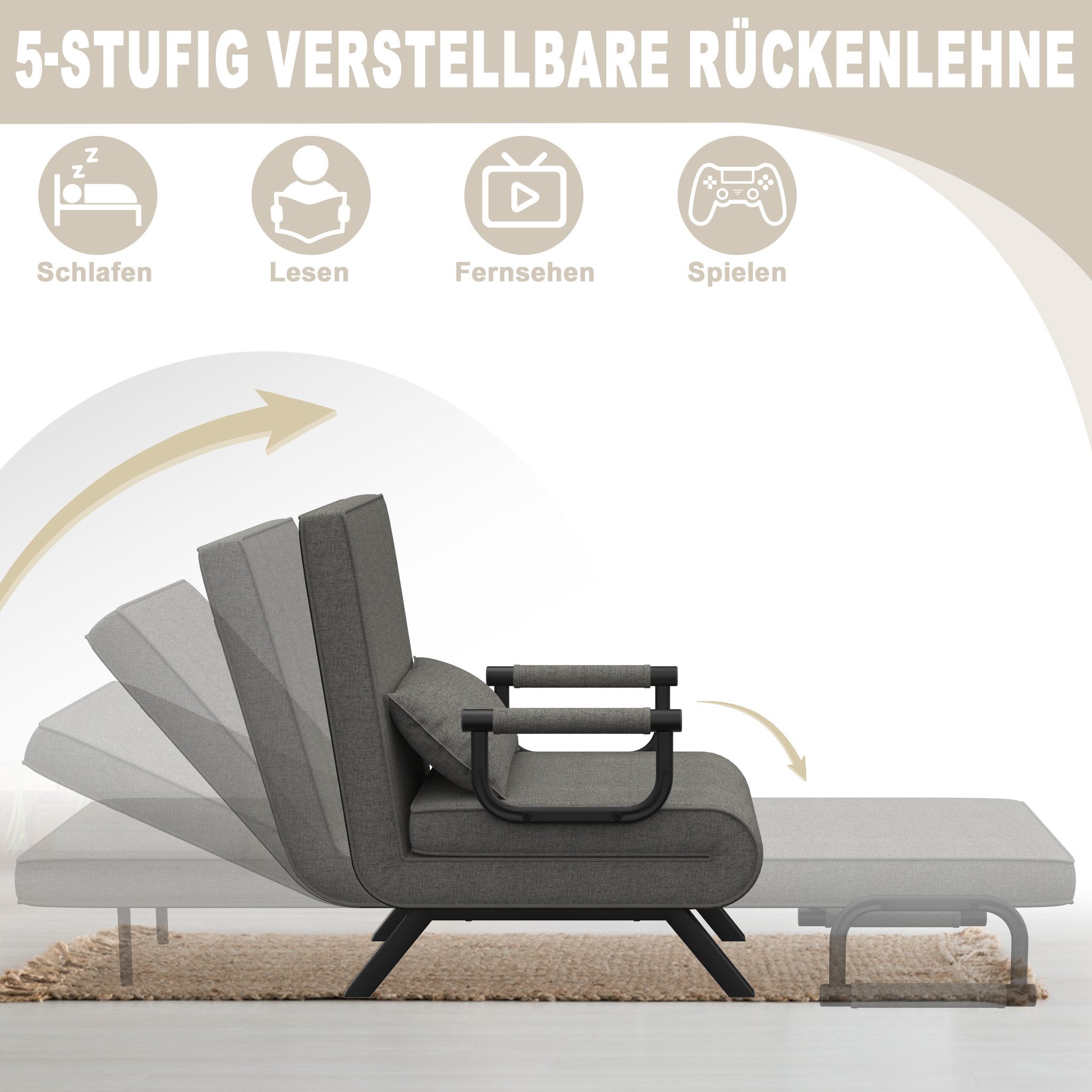 FIVMEN Sessel 3 in 1 Schlafsessel Schlafsofa Klappbares mit Bettfunktion, Klappsessel mit Verstellbare Rückenlehne Sofabett Gästebettfür – Bild 3 von 5
