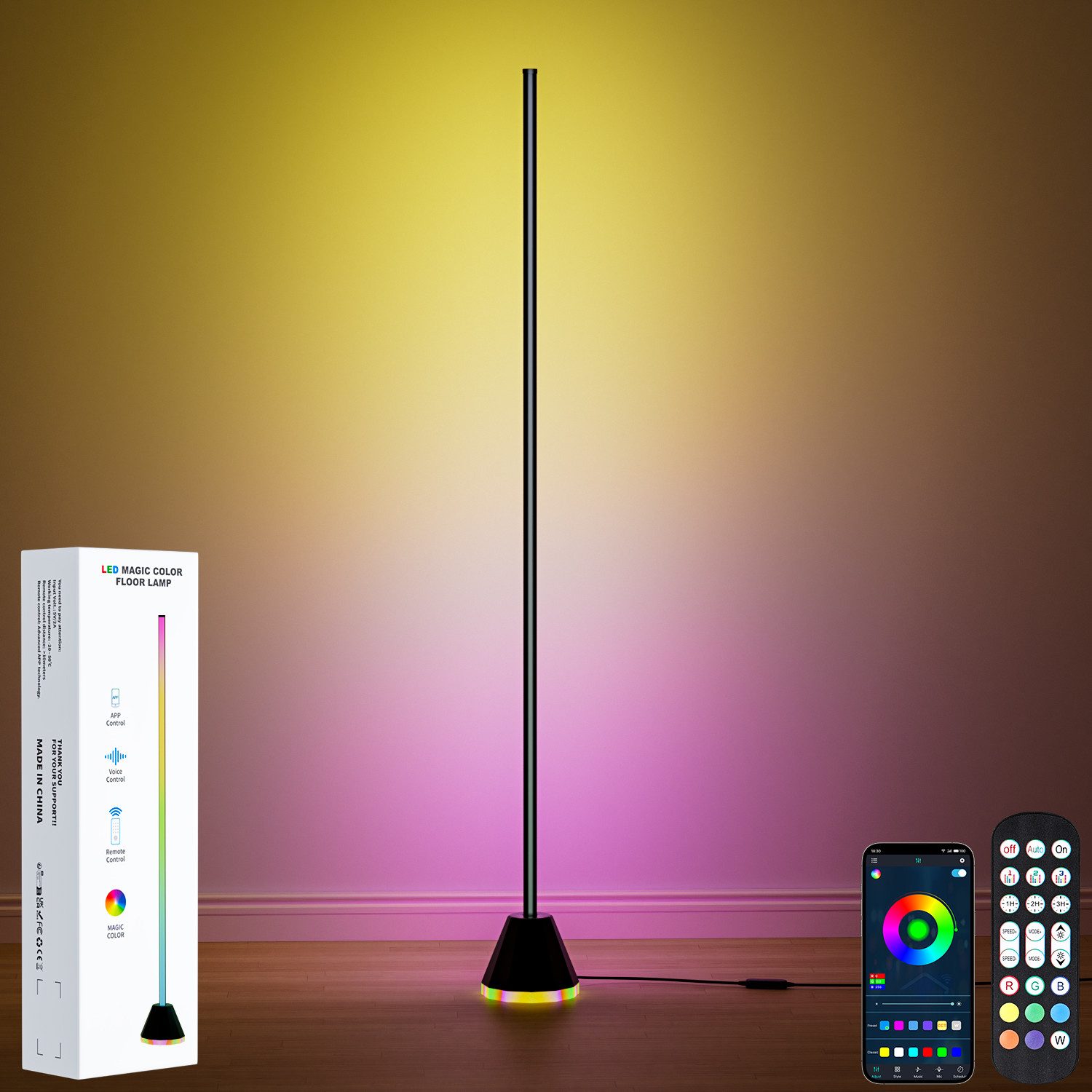 Lujasi LED Stehlampe RGBIC LED Stehlampe Wohnzimmer, dimmbar mit Fernbedienung & App, Timing -Funktion, LED, Weißes Licht/Warmes Licht/Natürliches Licht/RGB, 16 Millionen DIY-Farben, Musik-Sync, Höhenverstellbare Ecklampe