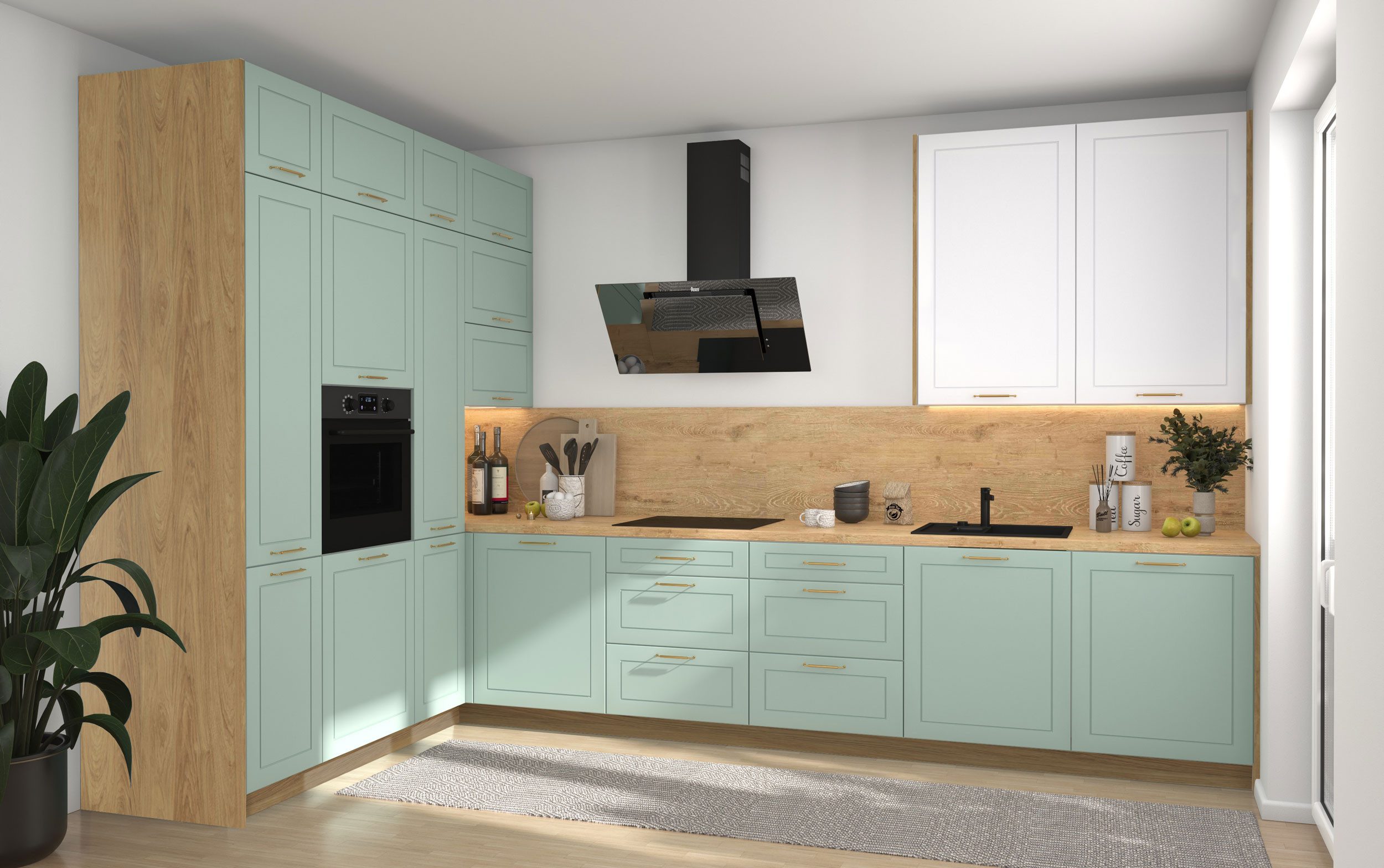 Feldmann-Wohnen Küchenzeile Bari, (16-teilig, inklusive Abschlussrahmen, Blum Metabox Schubladensystem), 202x347cm, L-Form, Eiche Artisan / blassgrün - signalweiß