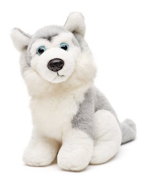 Uni-Toys Kuscheltier Husky grau, klein - liegend oder sitzend - Plüsch-Hund - Plüschtier, zu 100 % recyceltes Füllmaterial