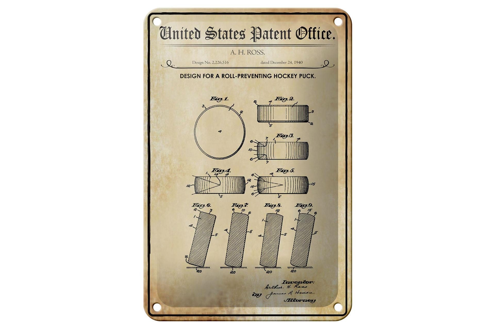 Femer GmbH Metallschild Patent 12x18 cm Entwurf für einen Hockey-Puck, (1 St), gewölbte Oberfläche, abgerundete Ecken, umgeschlagene Kanten