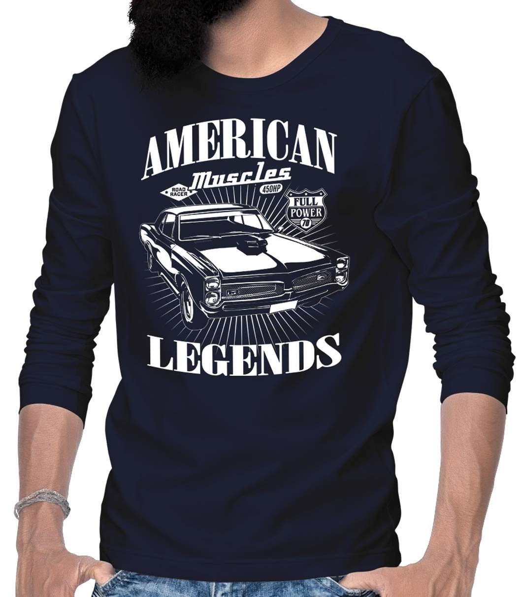Rebel On Wheels Longsleeve Herren Langarm T-Shirt American Legend Muscle Car mit Auto / US-Car Motiv Blau