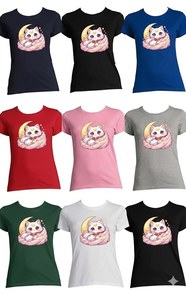 T-Shirt Damen T Shirt Katze Mond Manga Anime Cozy Kawaii Motiv Freizeit
