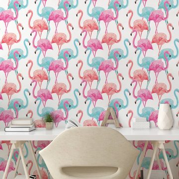 Abakuhaus Vinyltapete selbstklebendes Wohnzimmer Küchenakzent, Aquarell Hawaii Flamingos