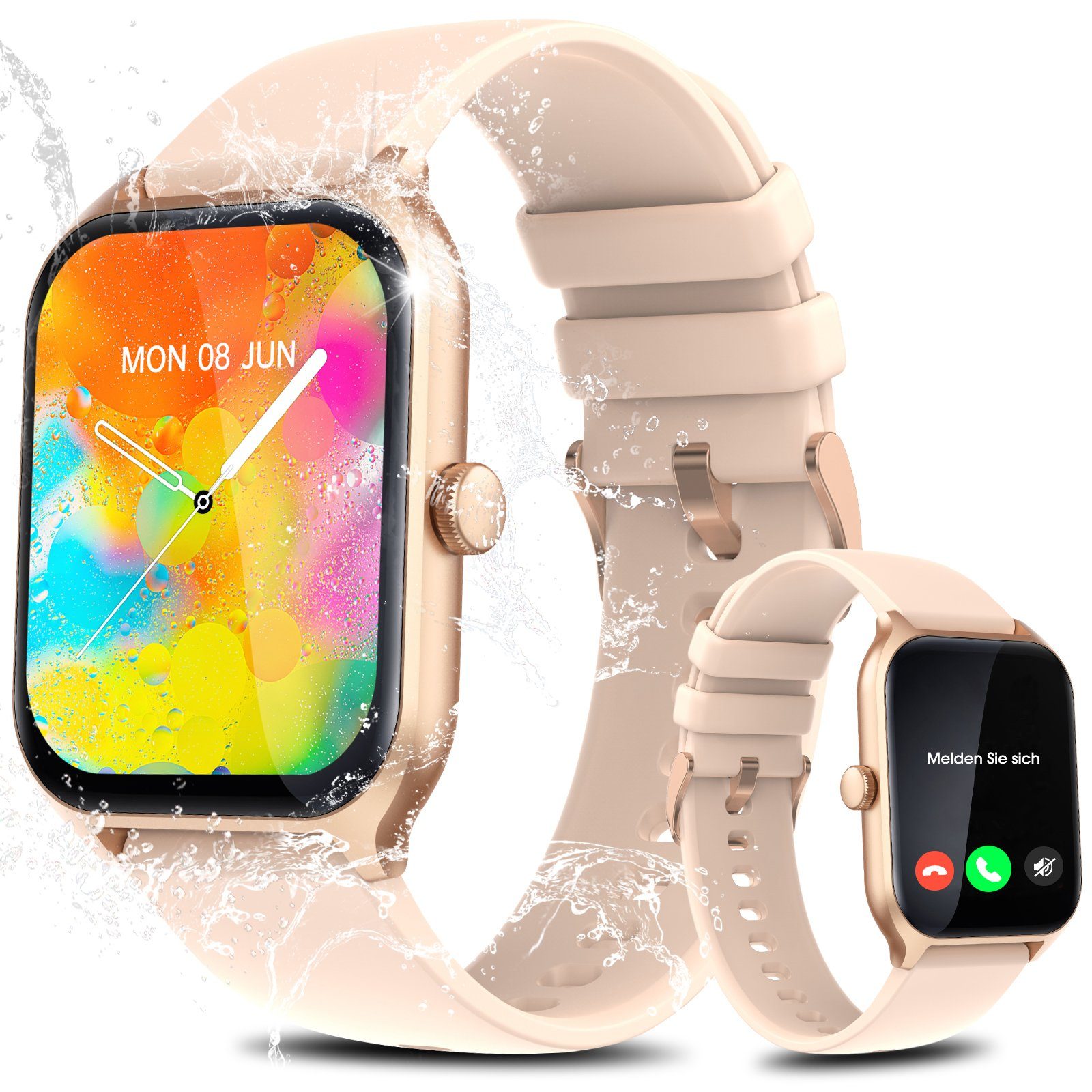 Yuede AMOLED Smartwatch für Damen und Herren, Smartwatch (Quadratischer 1,96-Zoll-HD-Full-Touch-Farbdisplay Zoll) Fitness Tracker uhr mit Anruffunktion, Gesundheits-Uhren mit Blutsauerstoff, Blutdruckmessung, Herzfrequenz, Schlafqualität, Schrittzähler, AI Voice, Musiksteuerung und SNS-Benachrichtigung etc., IP67 Wasserdichte Sportuhr mit mehr als 100 Sportmodi, für Android IOS
