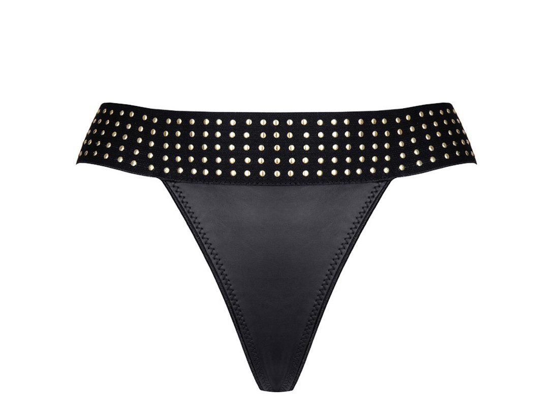 Demoniq Slip Schwarzer wetlook String-Tanga mit Gummiband und goldenen Ornamenten e