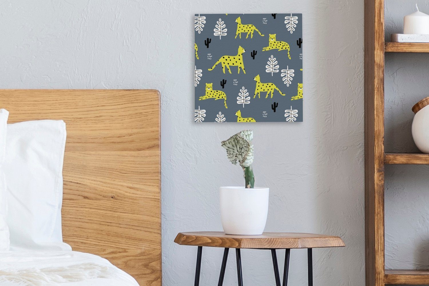 Wohnzimmer - Kaktus Leinwand - Panther - Muster, St), Schlafzimmer für Leinwandbild (1 Blätter OneMillionCanvasses® Bilder