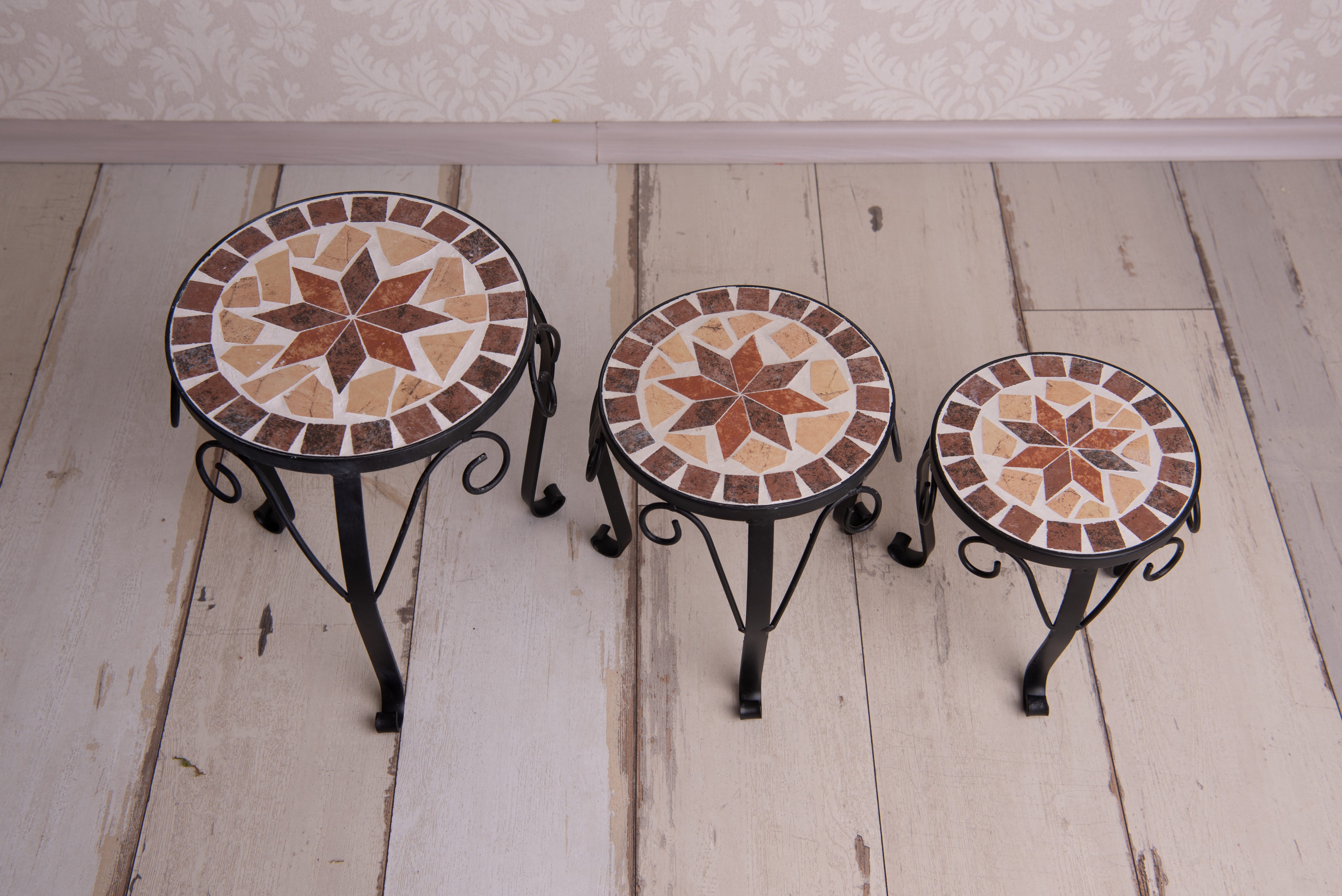 Kamelio Blumenhocker 3er Set Mosaik rund Pflanzenständer Pflanzenhocker Metall (3 St), 3er Set Mosaik Blumenhocker