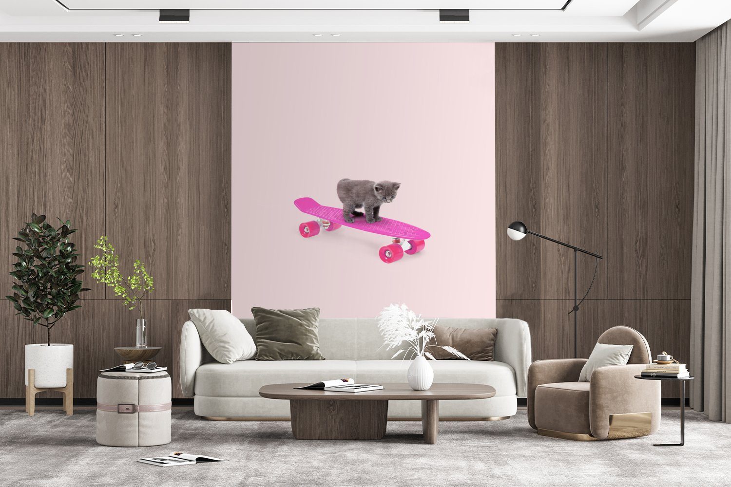 Wandtapete - Tapete Tiere - Wohnzimmer, Matt, Kätzchen für Skateboard Vinyl St), - (4 MuchoWow Montagefertig bedruckt, Rosa, Fototapete - Katze