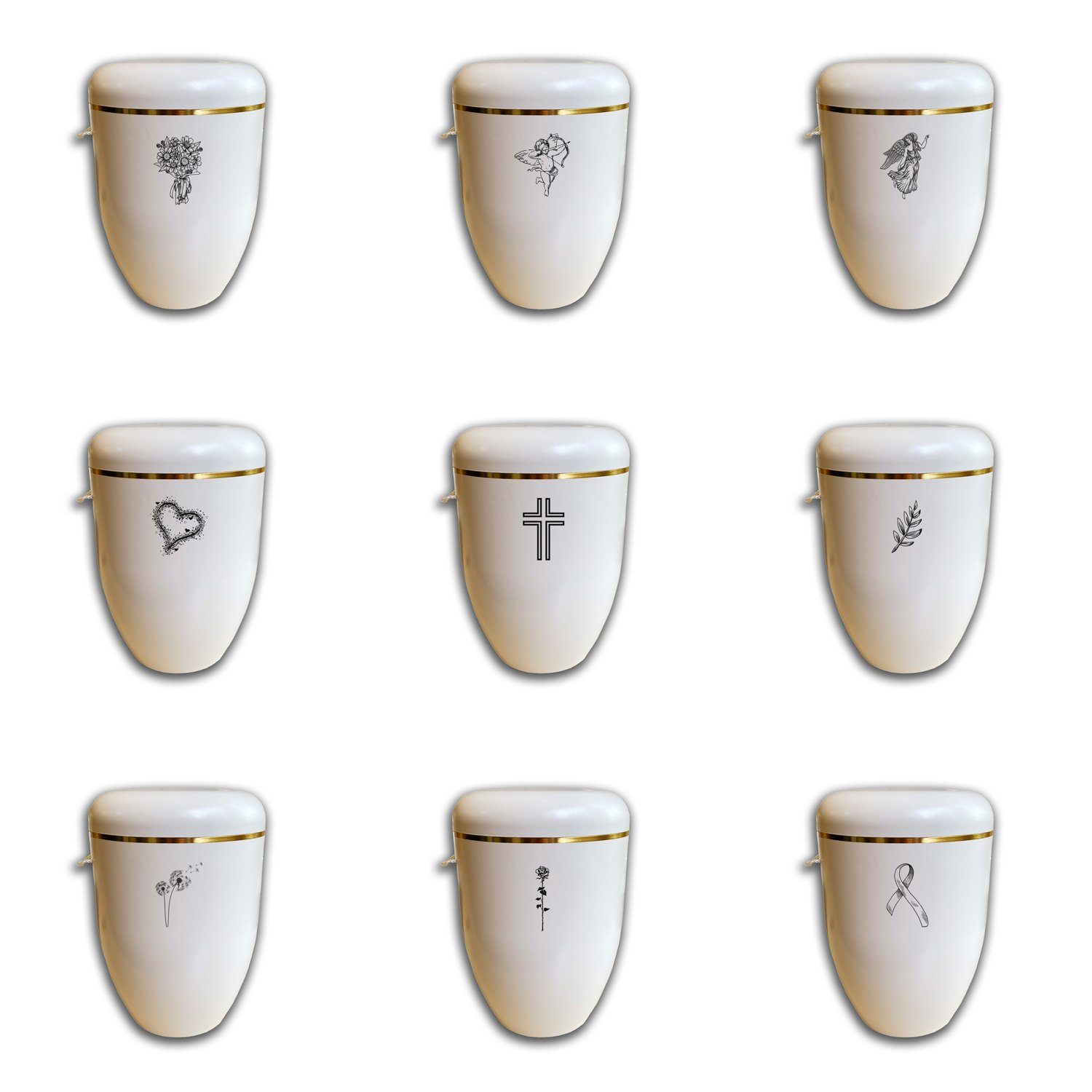 Lasernauten Grabkerze Bio Urne creme weiß mit Goldrand & Wunschmotiv für Beerdigung Asche