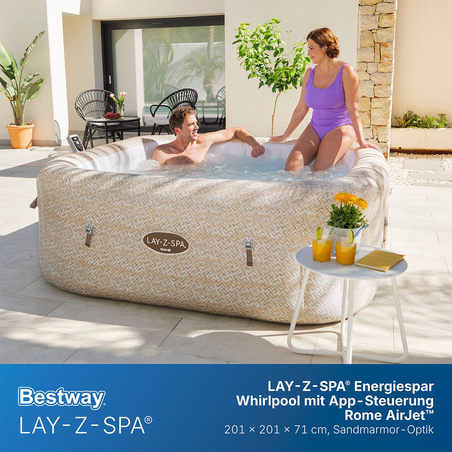 Bestway Whirlpool LAY-Z-SPA® Rome AirJet™, (Set, Inkl. App-Steuerung, für max. 7 Personen), 201 x 201 x 71 cm