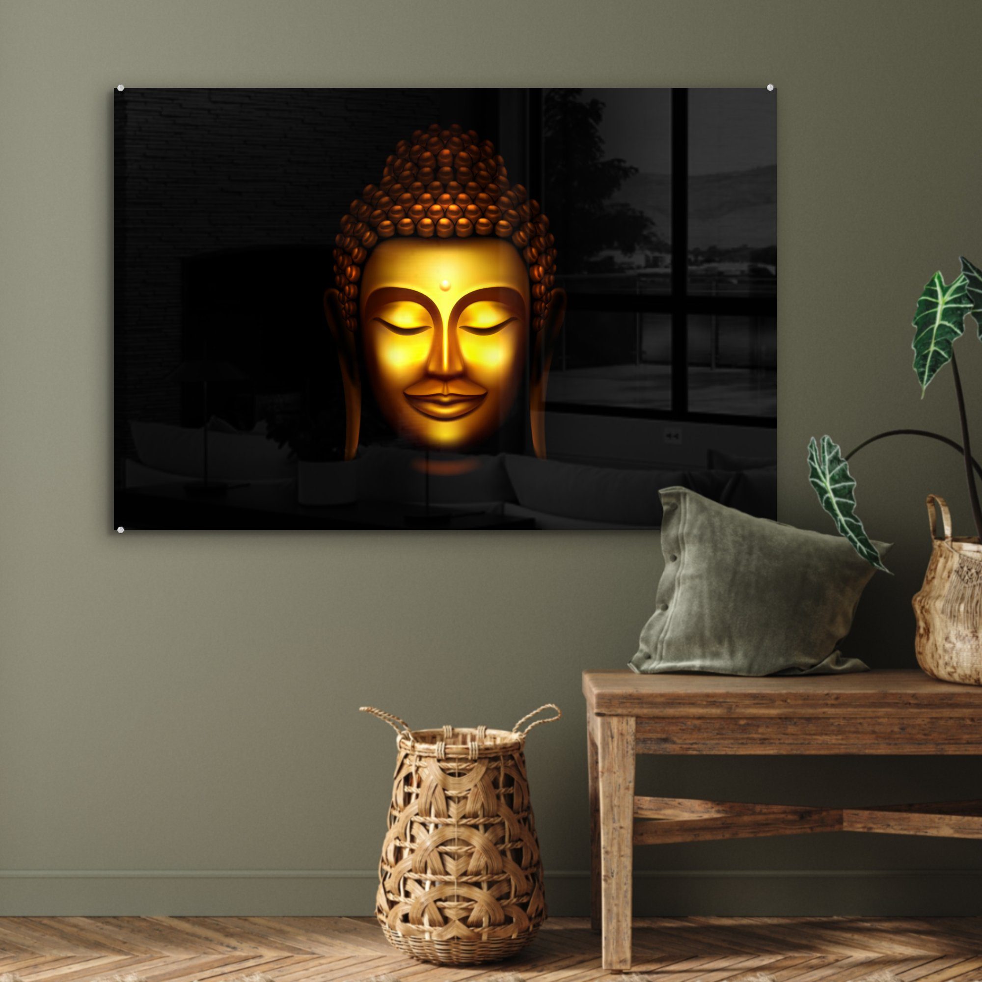 MuchoWow Acrylglasbilder - Gold & Schwarz, Wohnzimmer Schlafzimmer Acrylglasbild (1 St), Buddha -