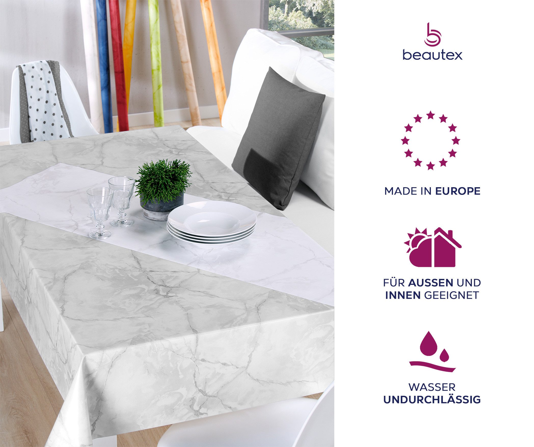 Beautex Tischdecke Wachstuchtischdecke abwischbar, Gartentischdecke Marmorstein (1-tlg)