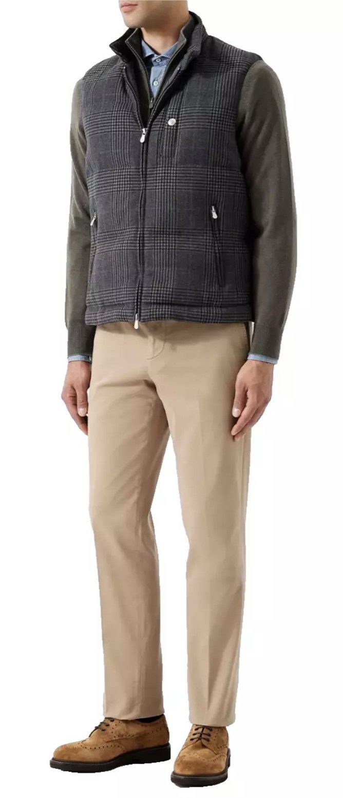 BRUNELLO CUCINELLI Daunenweste Glencheck Karo Weste Jacke Stehkragen mit Knopfverschluss, seitlichen Reißverschlusstaschen