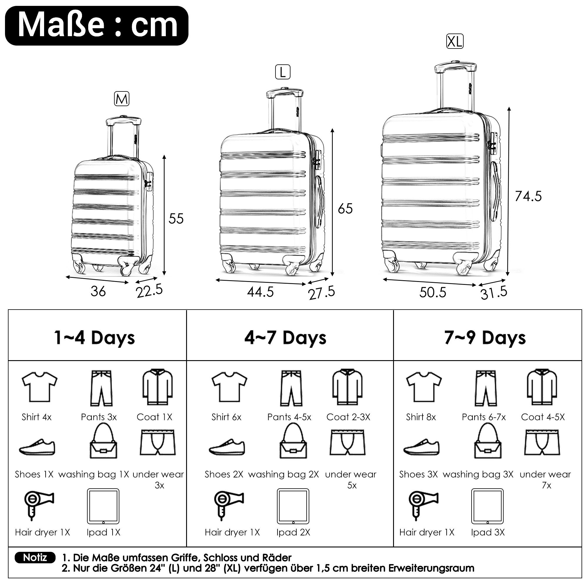 tlg), Hartschalentrolley tlg., Handgepäck Reisekoffer Flieks Rollen, Set 3 Dunkelblau Kofferset Trolleyset, 4 (Set-3