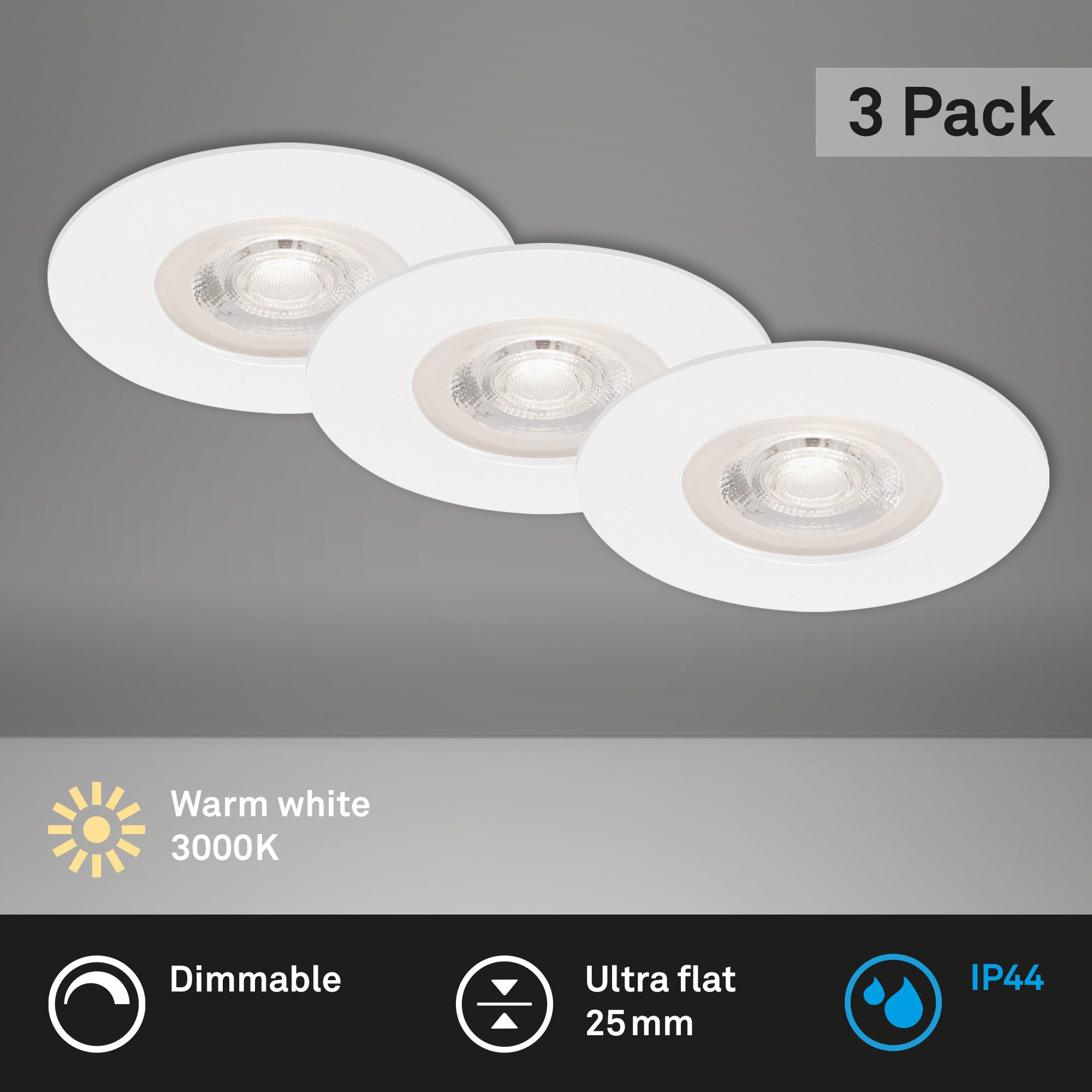 Briloner Leuchten LED Einbaustrahler Einbauleuchte Extra-Warmweiß Dimmfunktion ultraflach, LED fest integriert, 2700K - Extra - Warmweiß, 3er Set, dimmbar, ultraflach, IP44, chrom-matt, 9 cm