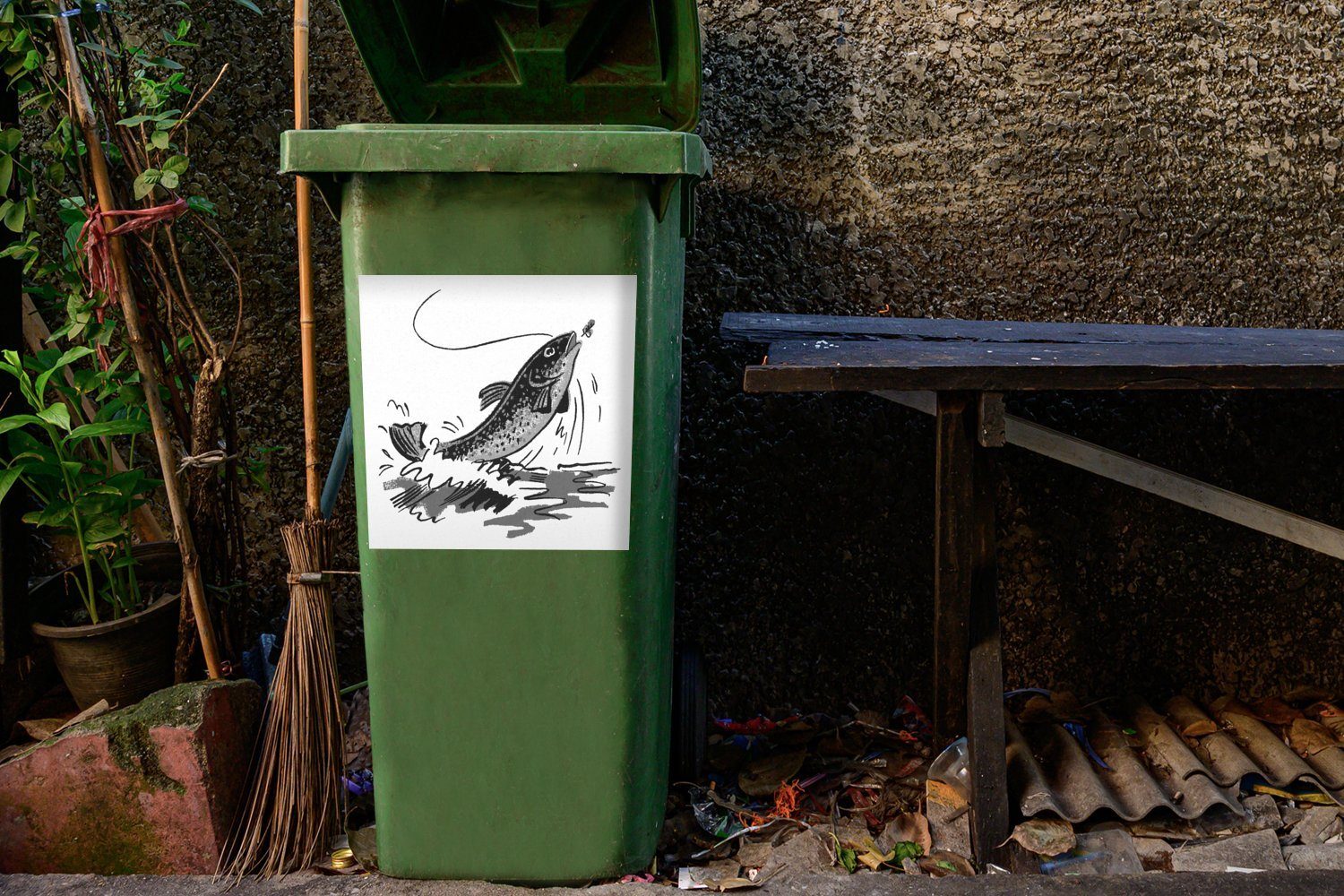 MuchoWow Wandsticker Illustration eines Container, Fisches, Abfalbehälter und kommt dem Mülltonne, (1 der - St), Sticker, aus schwarz Mülleimer-aufkleber, Wasser