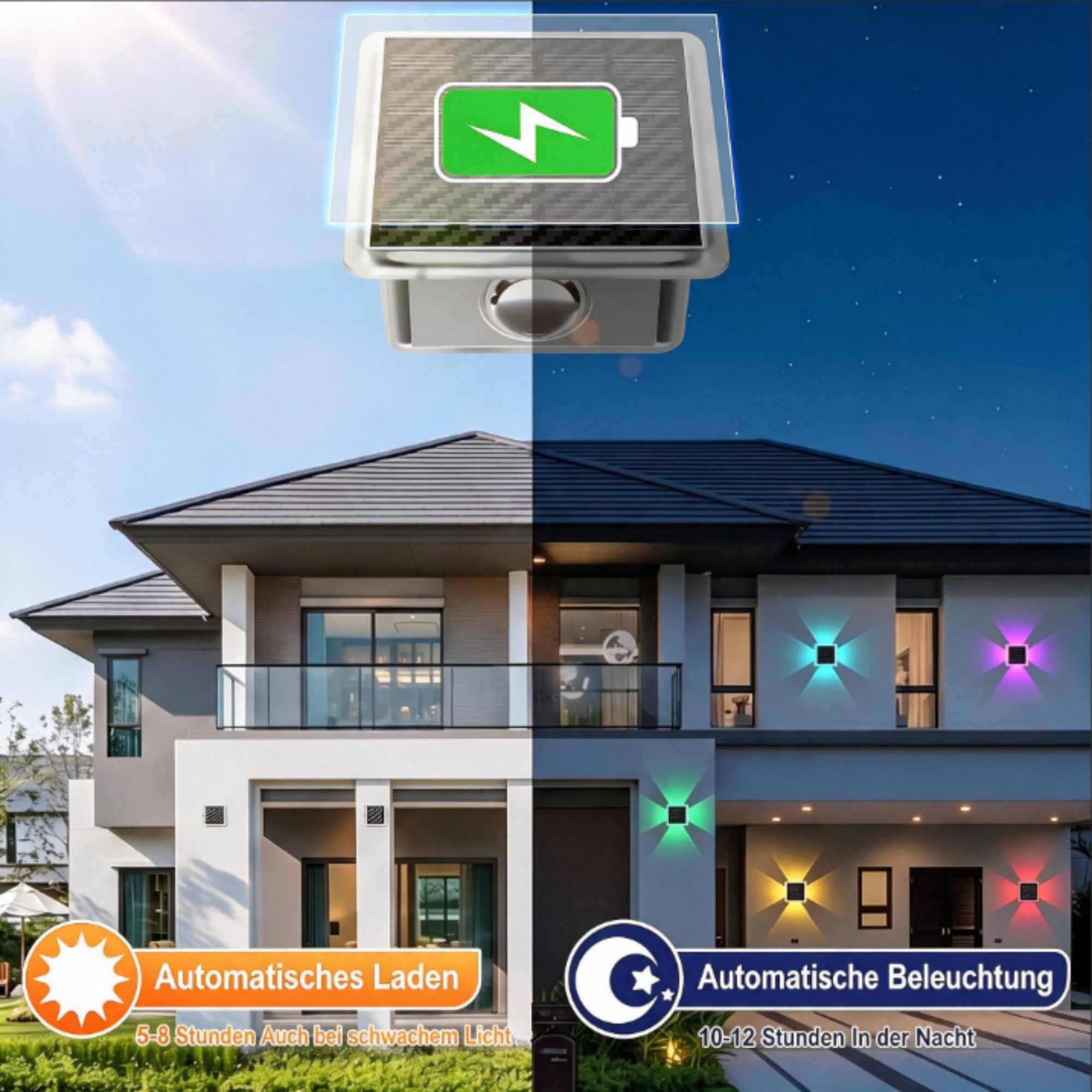 ibettertec LED Außen-Wandleuchte Solar nfür, Up and Down Solarlampen für Außen Wand, 2/4 Stück, IP66 Wasserdicht, 4 LEDs, 9 Farbmodi Solarleuchten für Garten Ho – Bild 2 von 5