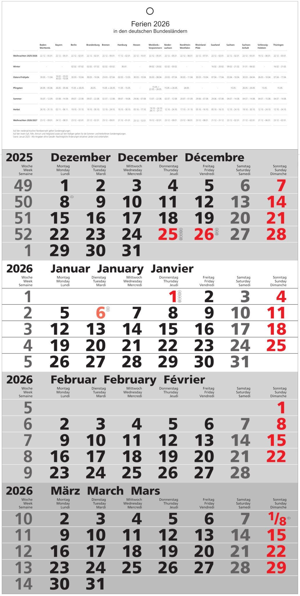 ADINA Wandkalender 2026 ADINA Viermonatskalender 60x30cm m Tagesanzeiger und Schulferien