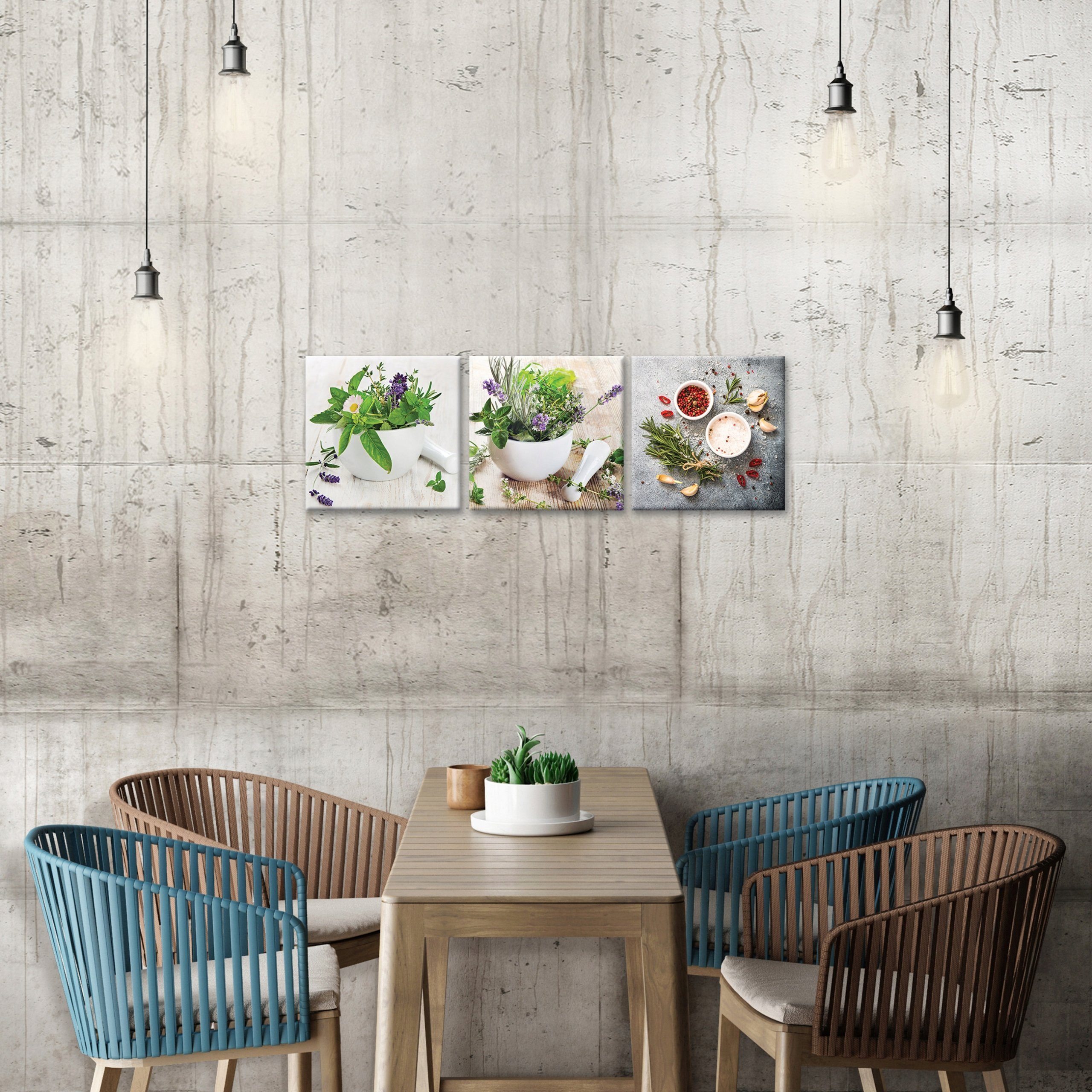 Wallarena Leinwandbild Küche Gewürze Kräuter 3 Teile SET Wandbild Leinwandb günstig online kaufen