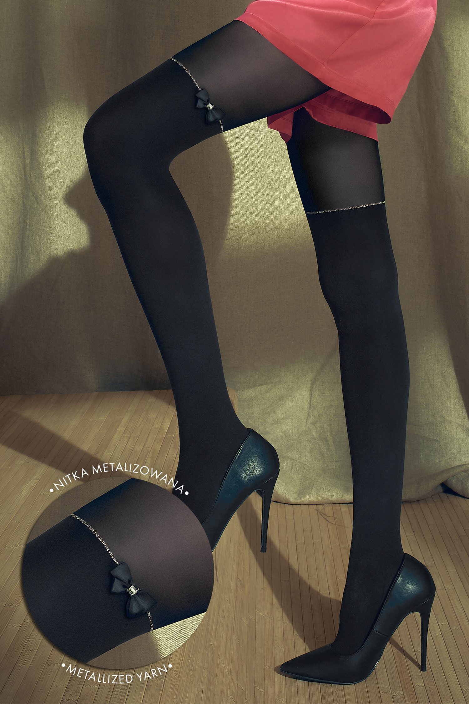 NOQ by Knittex Feinstrumpfhose Fantasy by night (Packung 1 St. 1 Paar) Overkneelook 50DEN mit Schleifen-Applikation und schimmernden Streifen