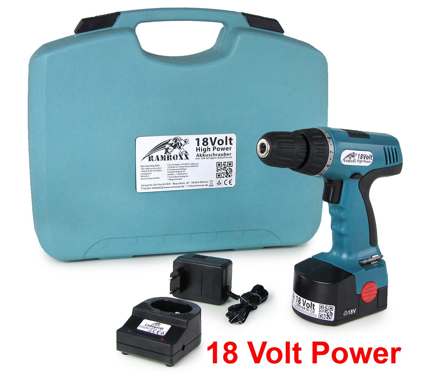 RAMROXX Akku-Schrauber Akkuschrauber 18V Volt mit Zubehör und Hartschalenkoffer 100 teilig, (100-tlg), Hartschalenkoffer und Ladestation
