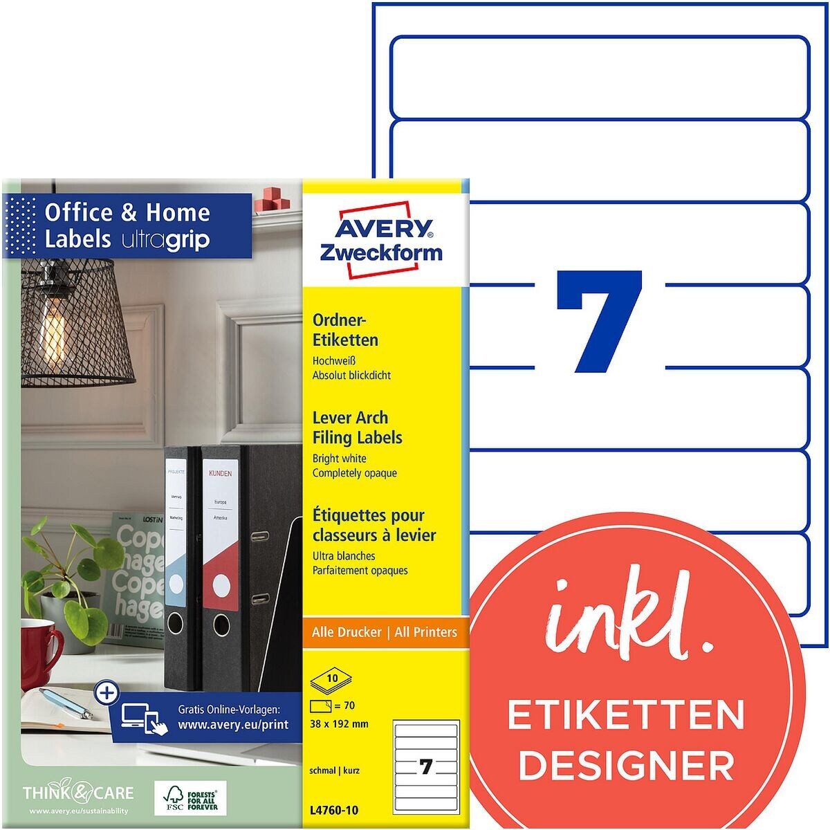Avery Zweckform Etiketten L4760-10, für Ordner, kurz/schmal (38x192 mm), selbstklebend