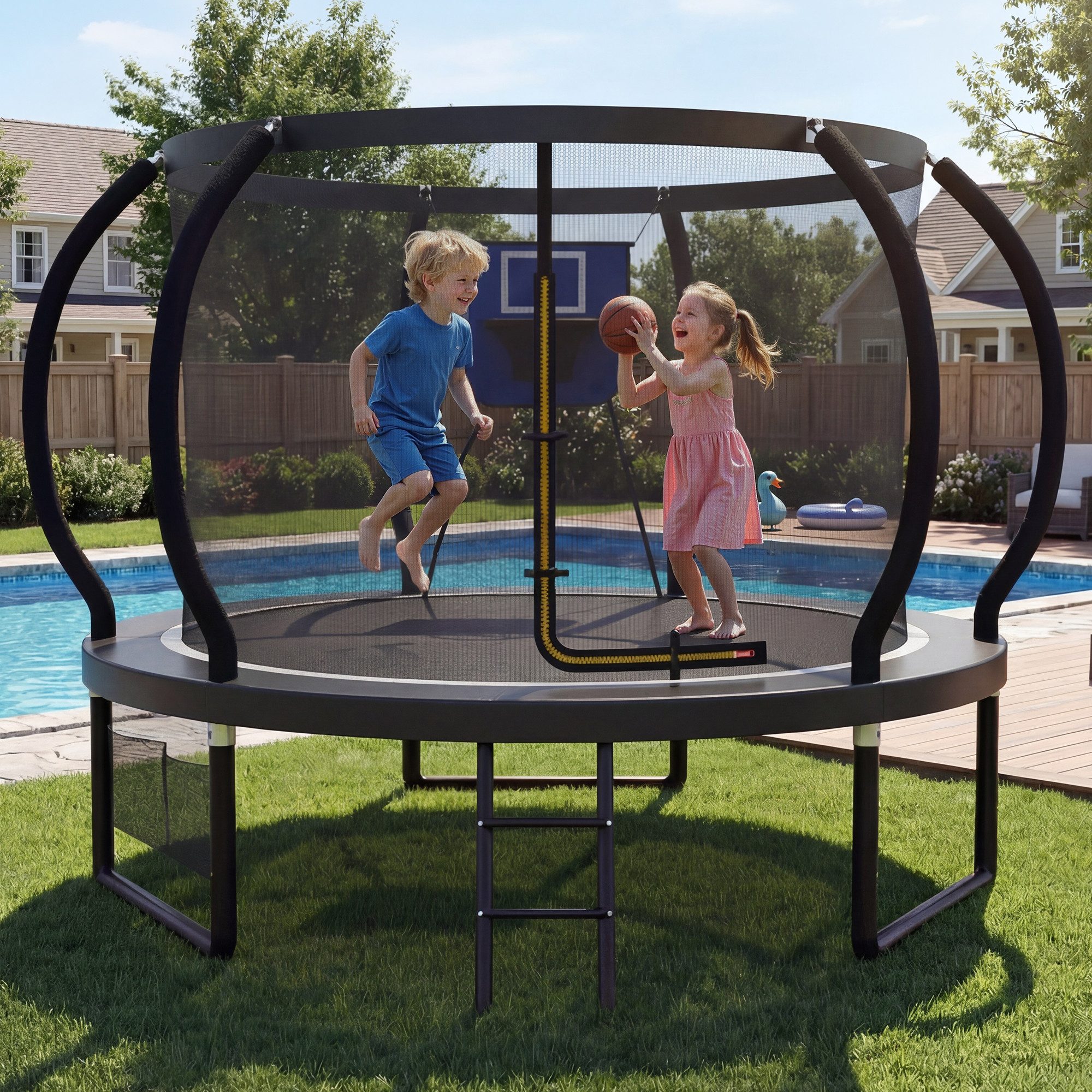 GUNJI Gartentrampolin Basketballkorb-Trampolin, Durchmesser 228/305 cm, Kindertrampolin, Ø 228 cm, (Enthält Leiter, Sicherheitsnetz, Schuhnetz, 360°-Schutzgitter und Fallschutzmatte, mit einer Tragkraft von 150 kg-ostern geschenke)