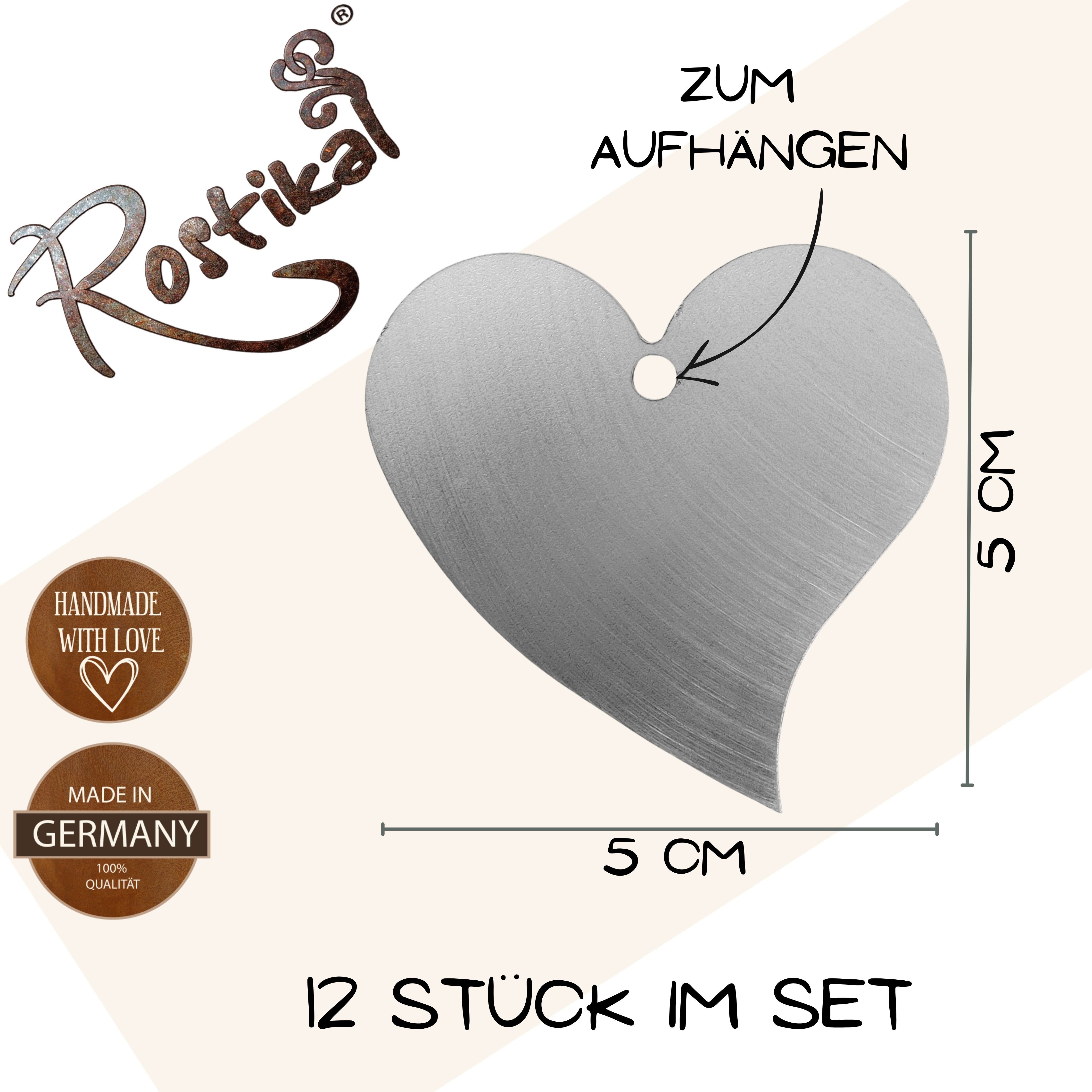 Rostikal Hängedekoration Metall Herzen Deko zum selbst gestalten als Geschenk und Hochzeitsdeko (12er Set, 12 St., 12x Metall Herz), Unbehandeltes Metall