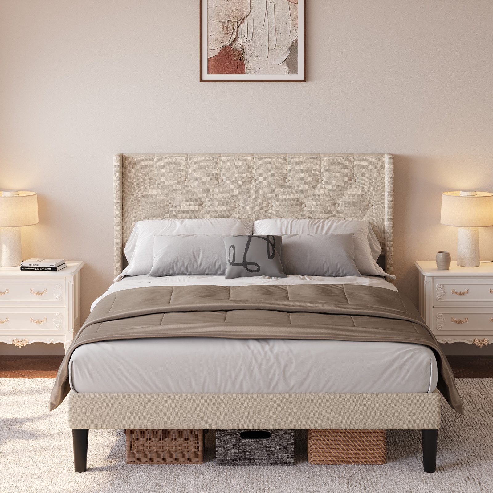 Blishom Bettgestell Polsterbett mit Flügelkopfteil, Doppelbett, Einzelbett 2 Modelle, stabiler Stoffbettrahmen mit Massivholzbeinen